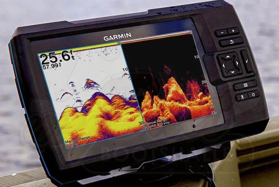 Echolotmontage mit Bügelhalterung Garmin Echolot mit Bügelhalterung montiert