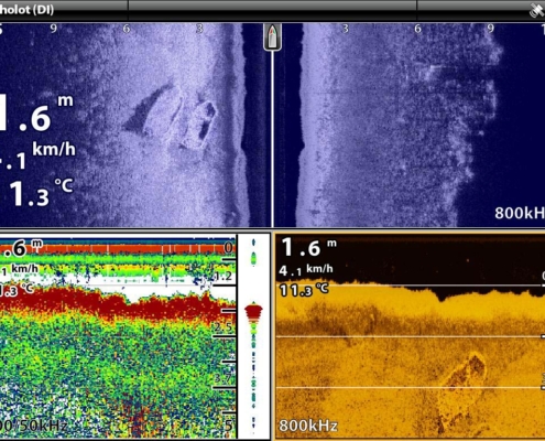 Side Imaging und Down Imaging Echolotbild mit Booten