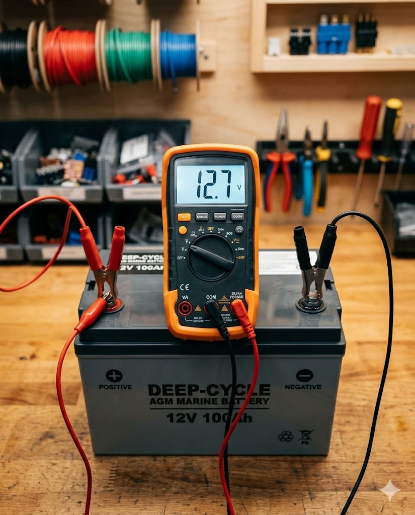 Batterie prüfen (Multimeter) Multimeter misst Spannung an einer Deep-Cycle-Batterie für Minn Kota Elektro-Bugmotor
