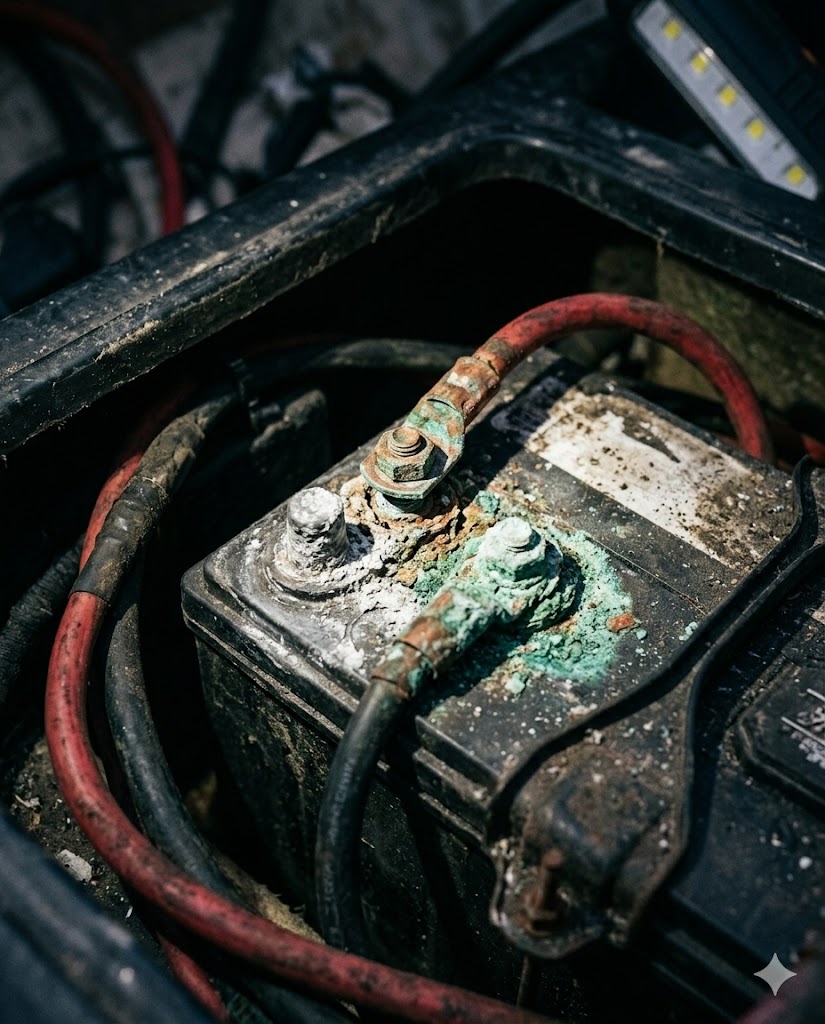 Korrodierte Batterieklemmen Korrodierte Batterieklemmen an einer Bootsinstallation mit Grünspan