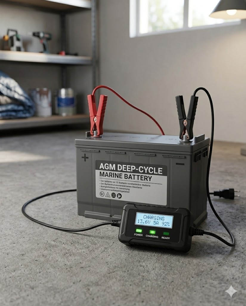Ladegerät an Batterie Digitales Ladegerät an Deep-Cycle-AGM-Batterie angeschlossen