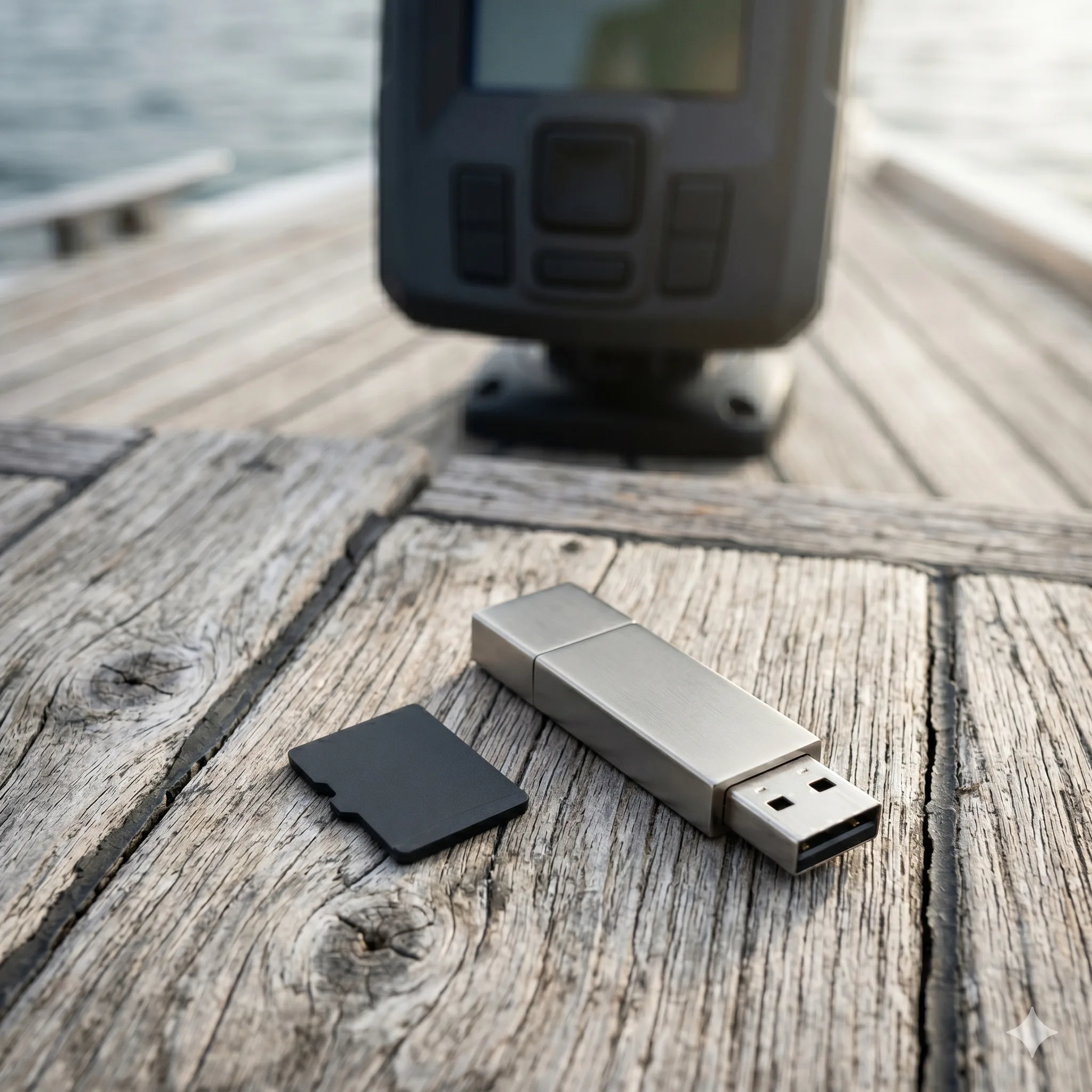 microSD-Karte und USB-Stick auf Bootsdeck bereit zum Software-Update am Echolot