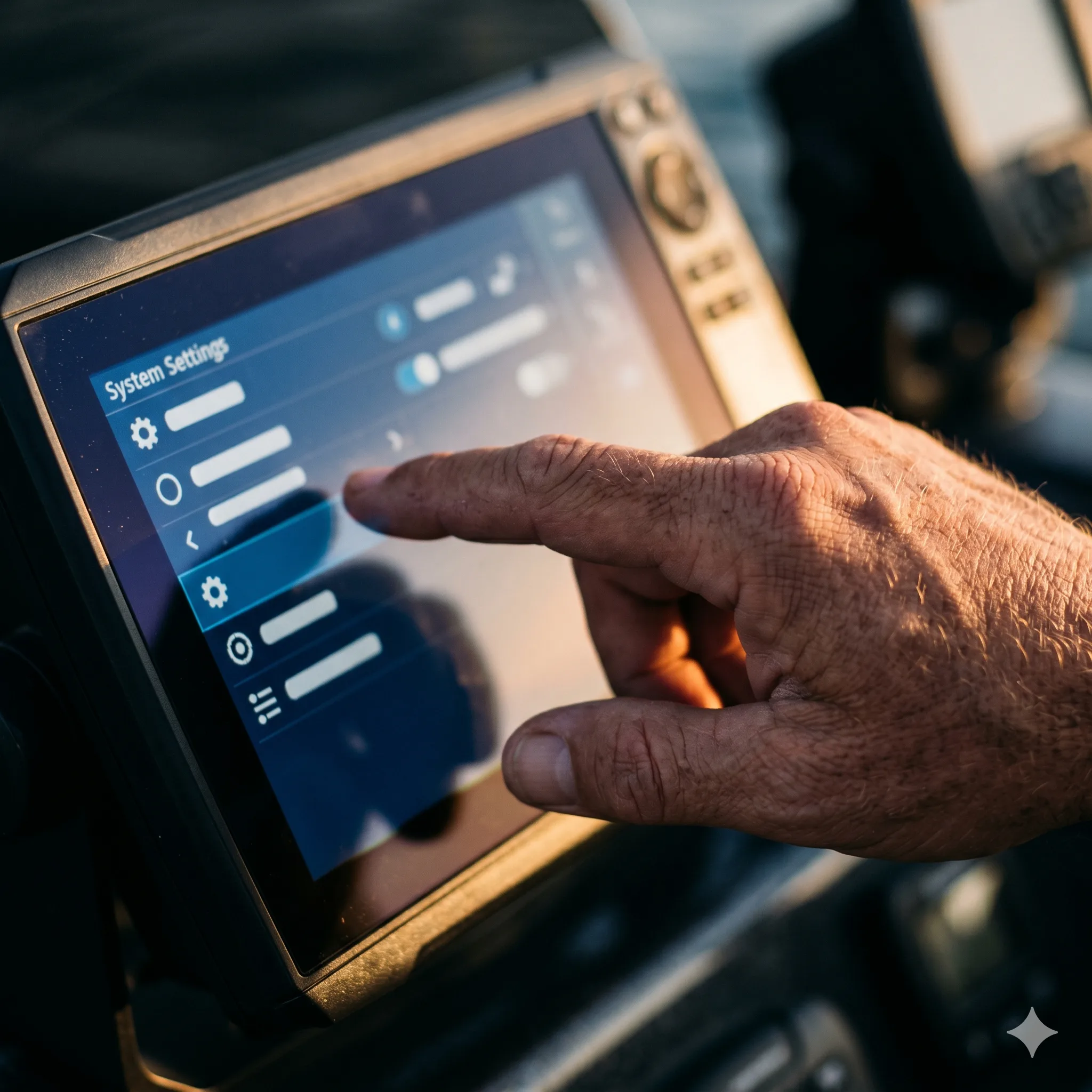 Finger tippt auf Touchscreen eines modernen Marine-Fishfinders im Update-Menü