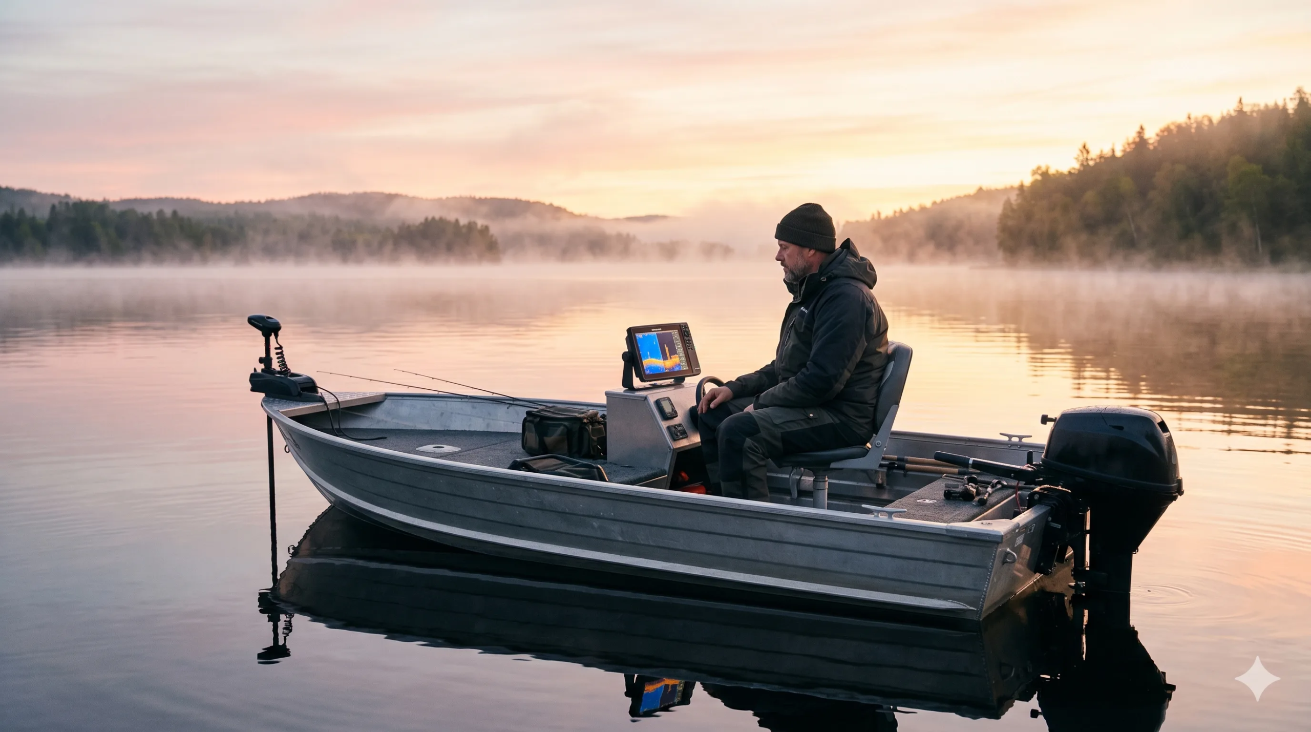 Angler im Boot bei Sonnenaufgang mit aktivem Marine-Display