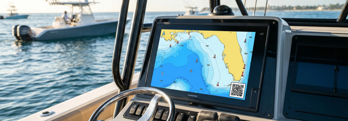 Garmin GPSMAP Marine Kartenplotter mit aktiviertem ActiveCaptain QR-Code am Steuerstand eines Sportfischerboots