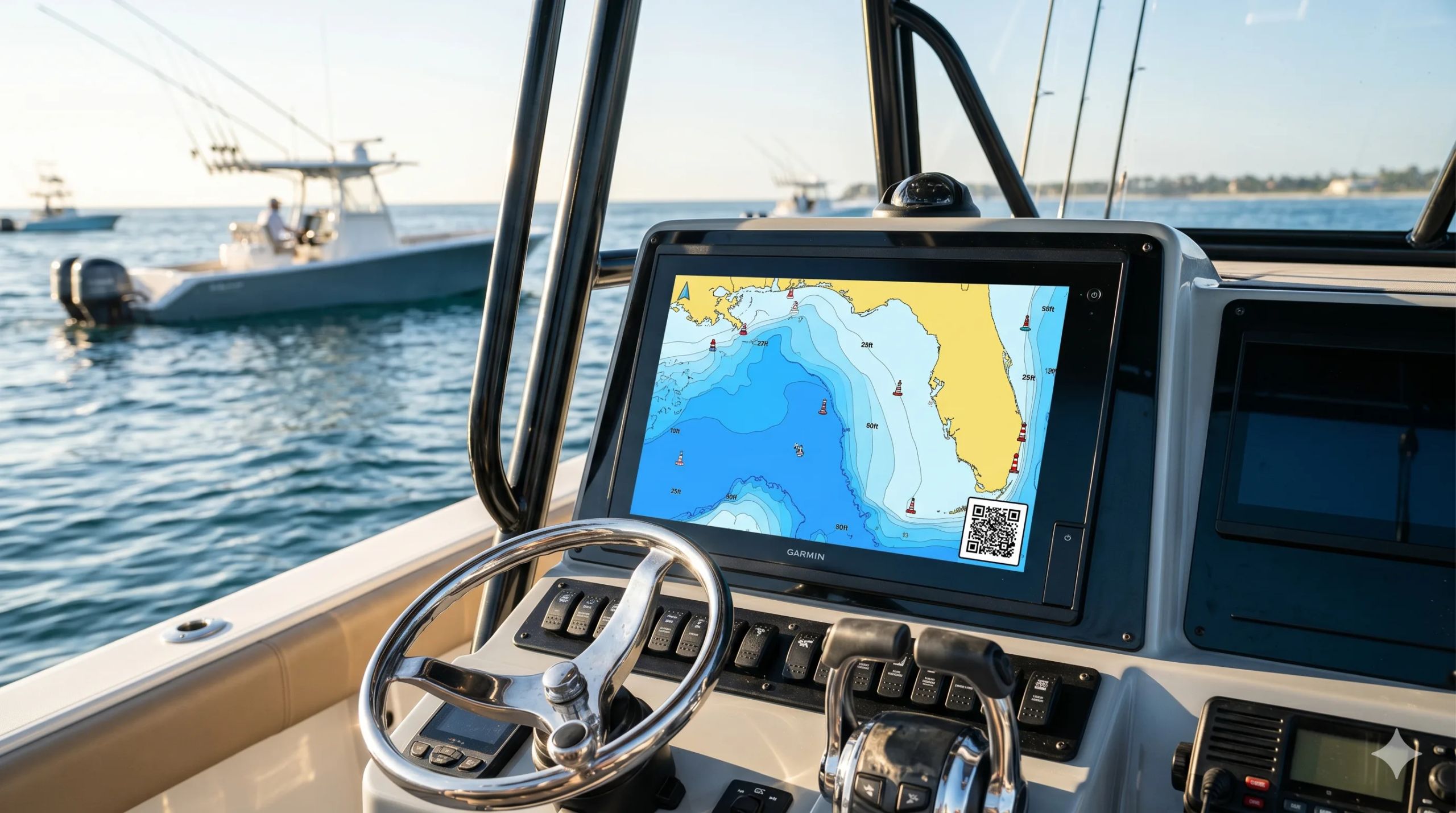 Garmin GPSMAP Marine Kartenplotter mit aktiviertem ActiveCaptain QR-Code am Steuerstand eines Sportfischerboots