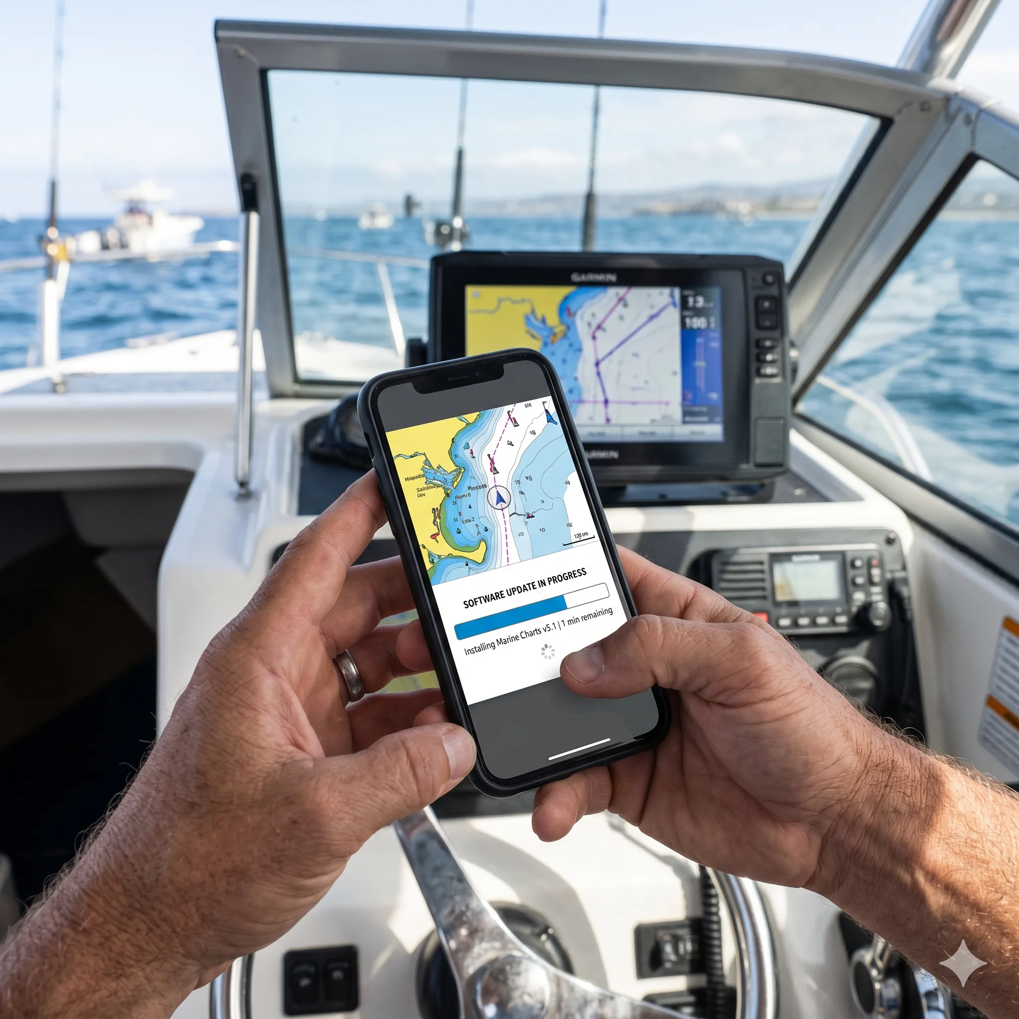 Smartphone zeigt die ActiveCaptain App während eines Garmin Software-Update Downloads