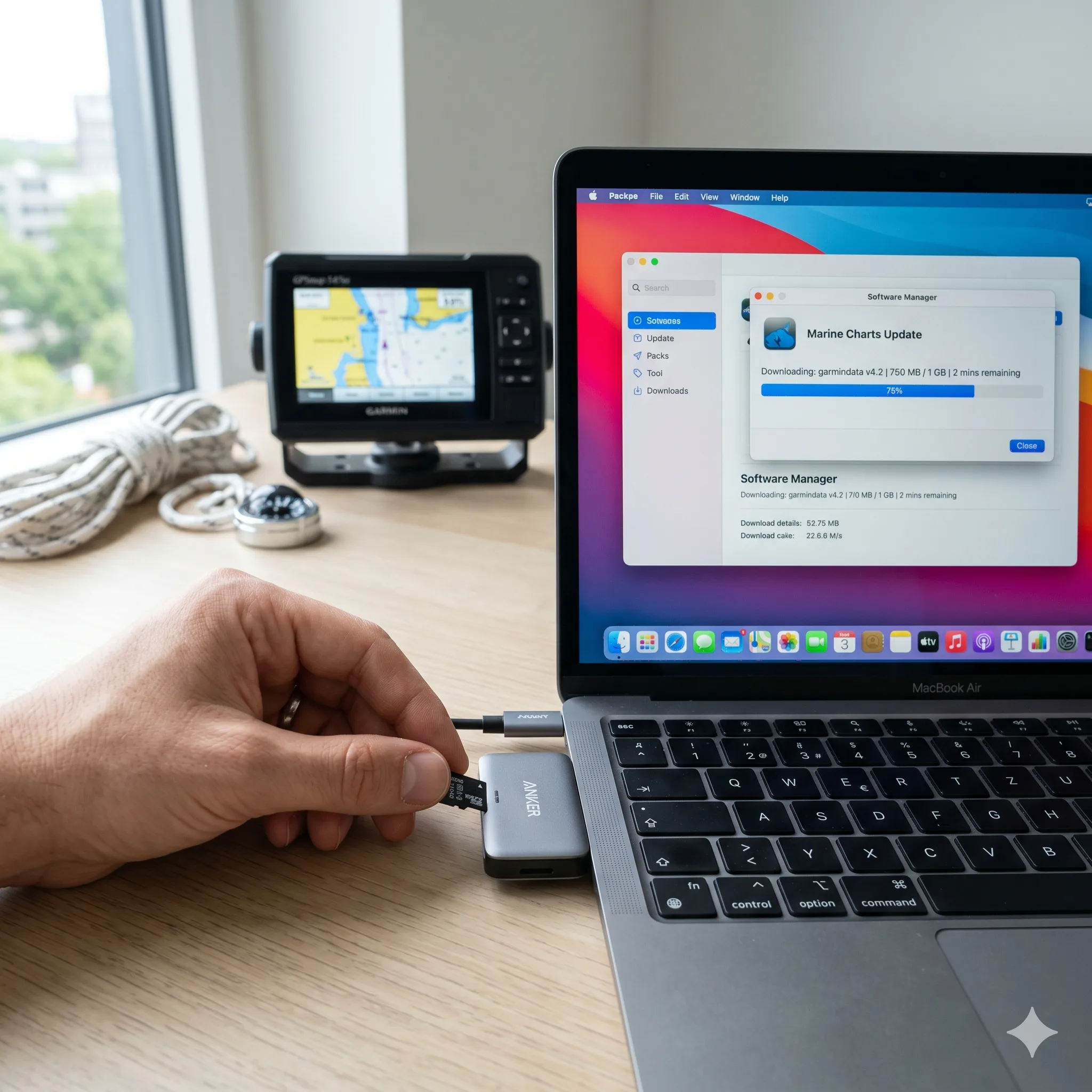 Hand steckt microSD-Karte in Kartenleser am Notebook mit Garmin Express Software