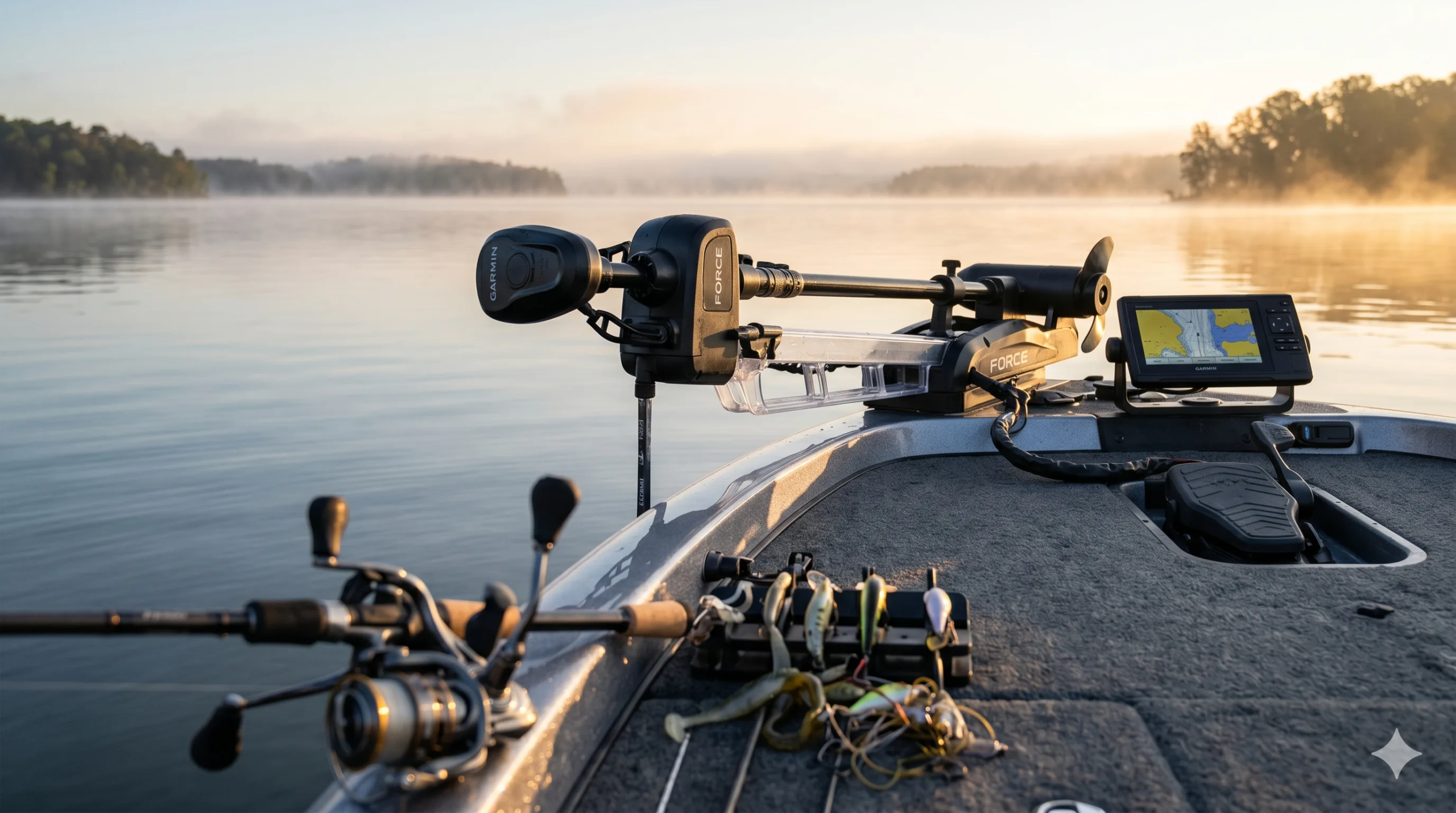 Garmin Force Trolling-Motor am Bug eines Angelboots mit montierter Geberstange für LiveScope