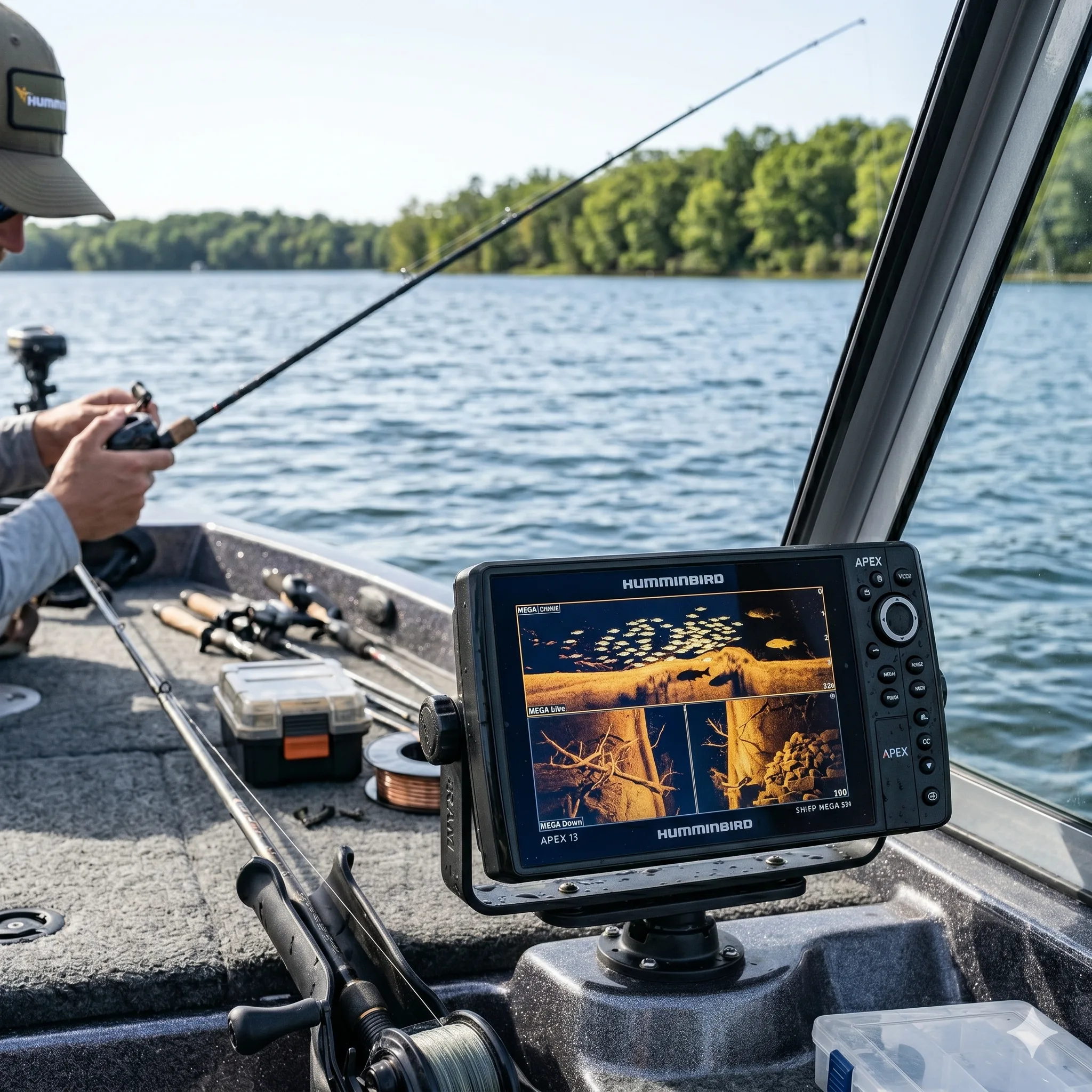 Angler auf dem Boot mit aktualisiertem Humminbird Echolot