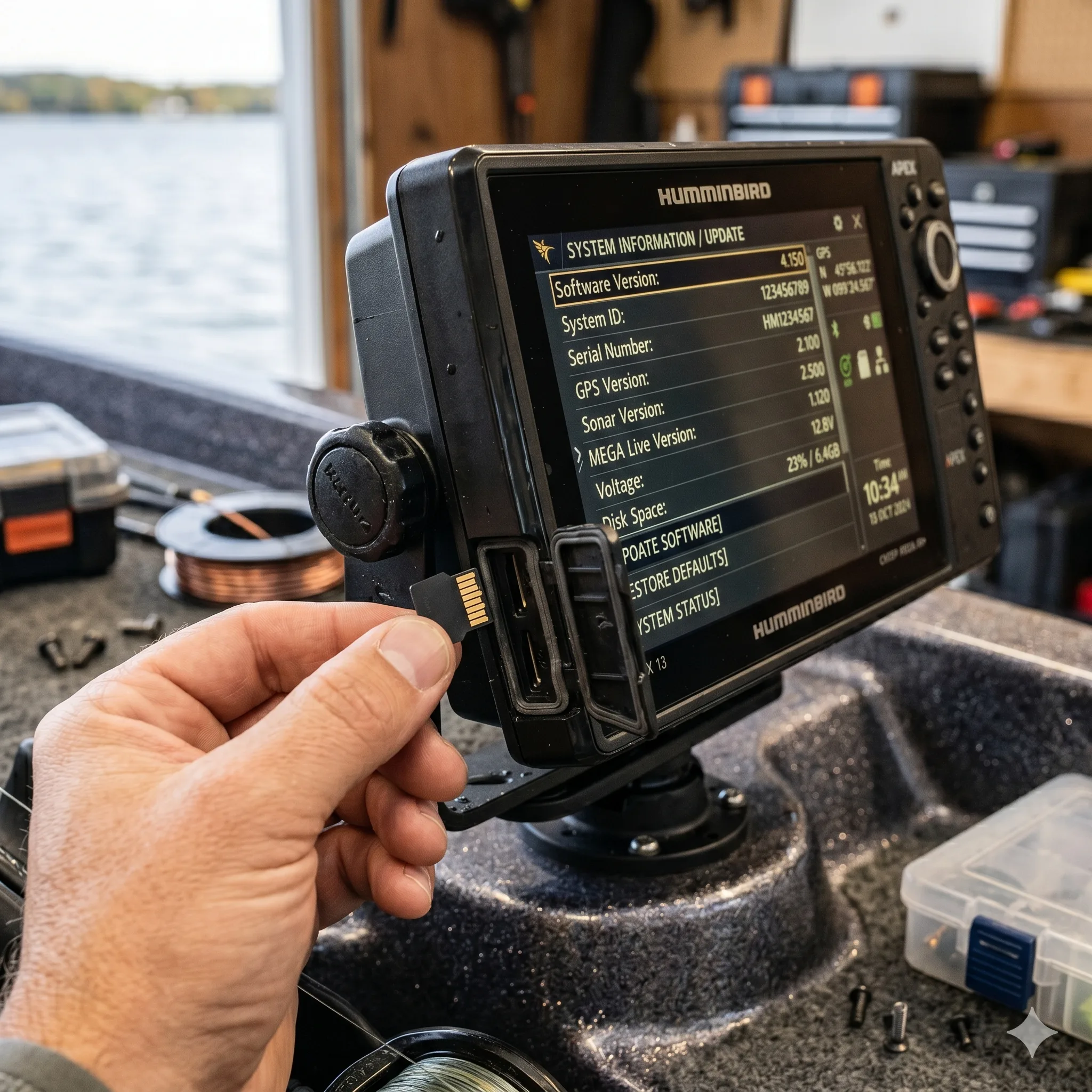SD-Karte wird in ein Humminbird-Echolot zum Software-Update eingesteckt