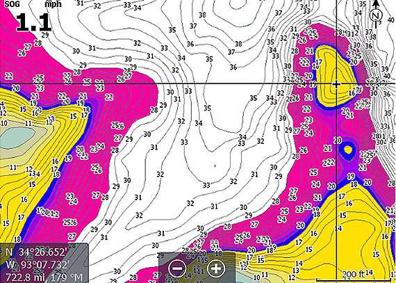 feature-customcolor Gewässerkarte mit farbiger Tiefenschattierung und Tiefenlinien