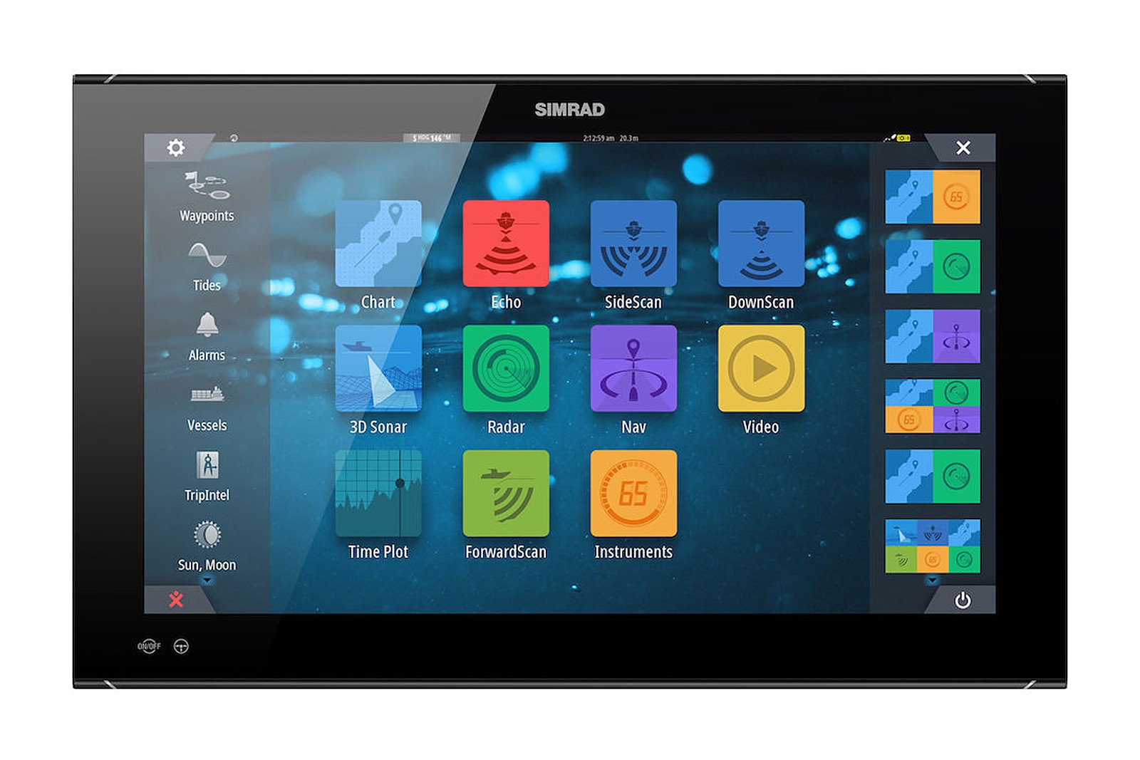 Simrad NSO evo3S 24 Zoll Kartenplotter, Frontansicht mit Startbildschirm