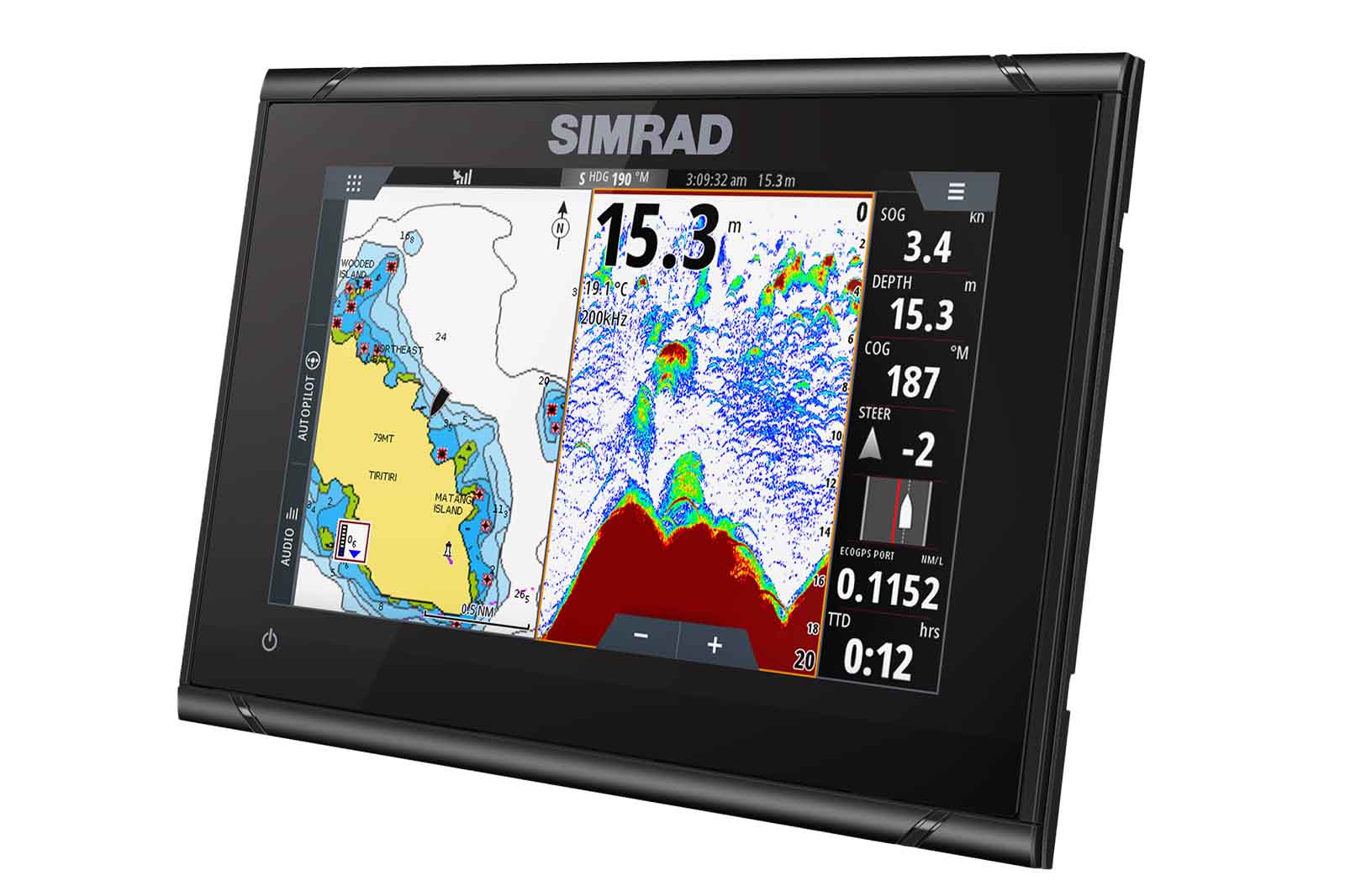 Simrad GO7 XSR Echolot SplitScreen Karte und Sonar Ansicht links