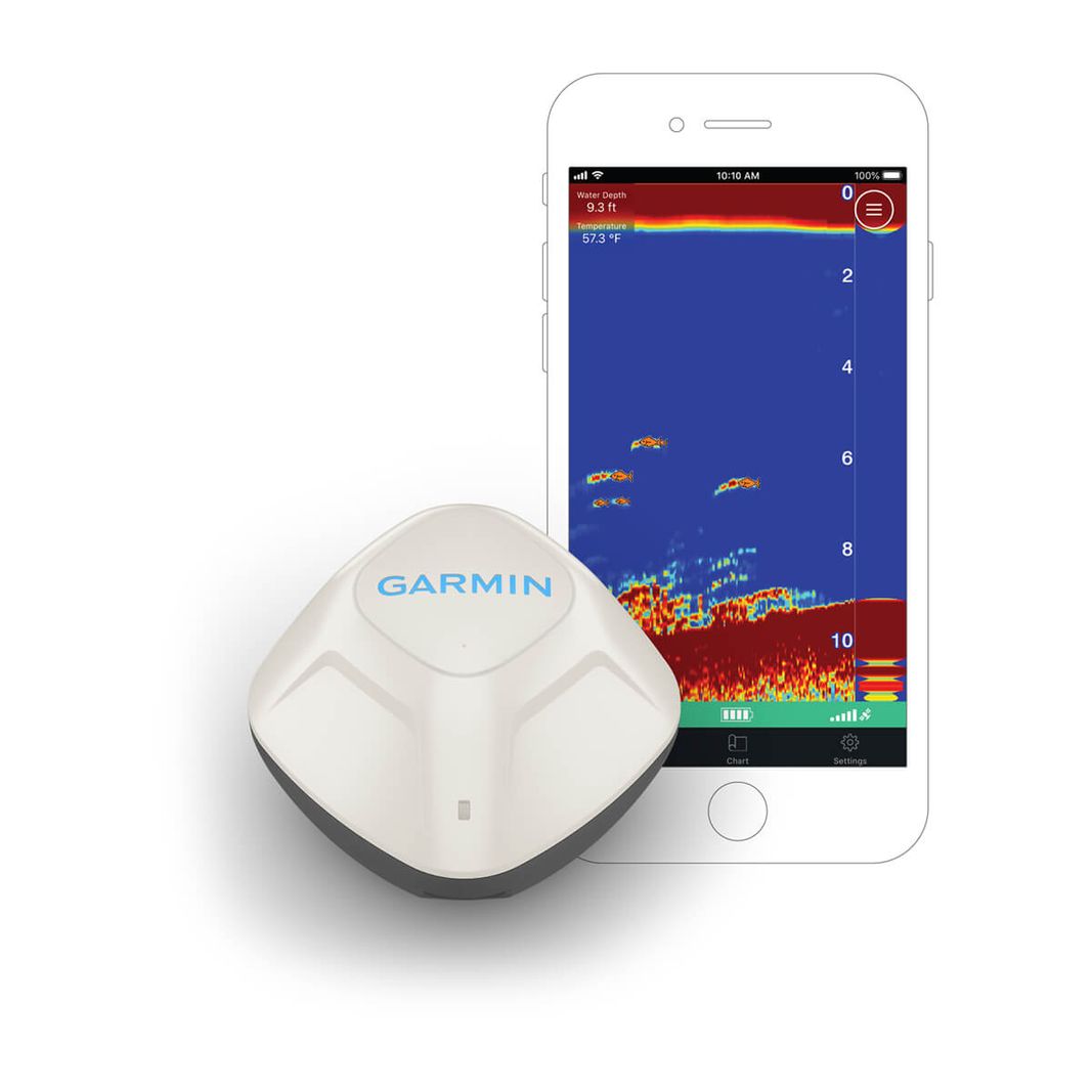Garmin STRIKER Cast ohne GPS (weiß) mit Echolotbild in der STRIKER Cast App
