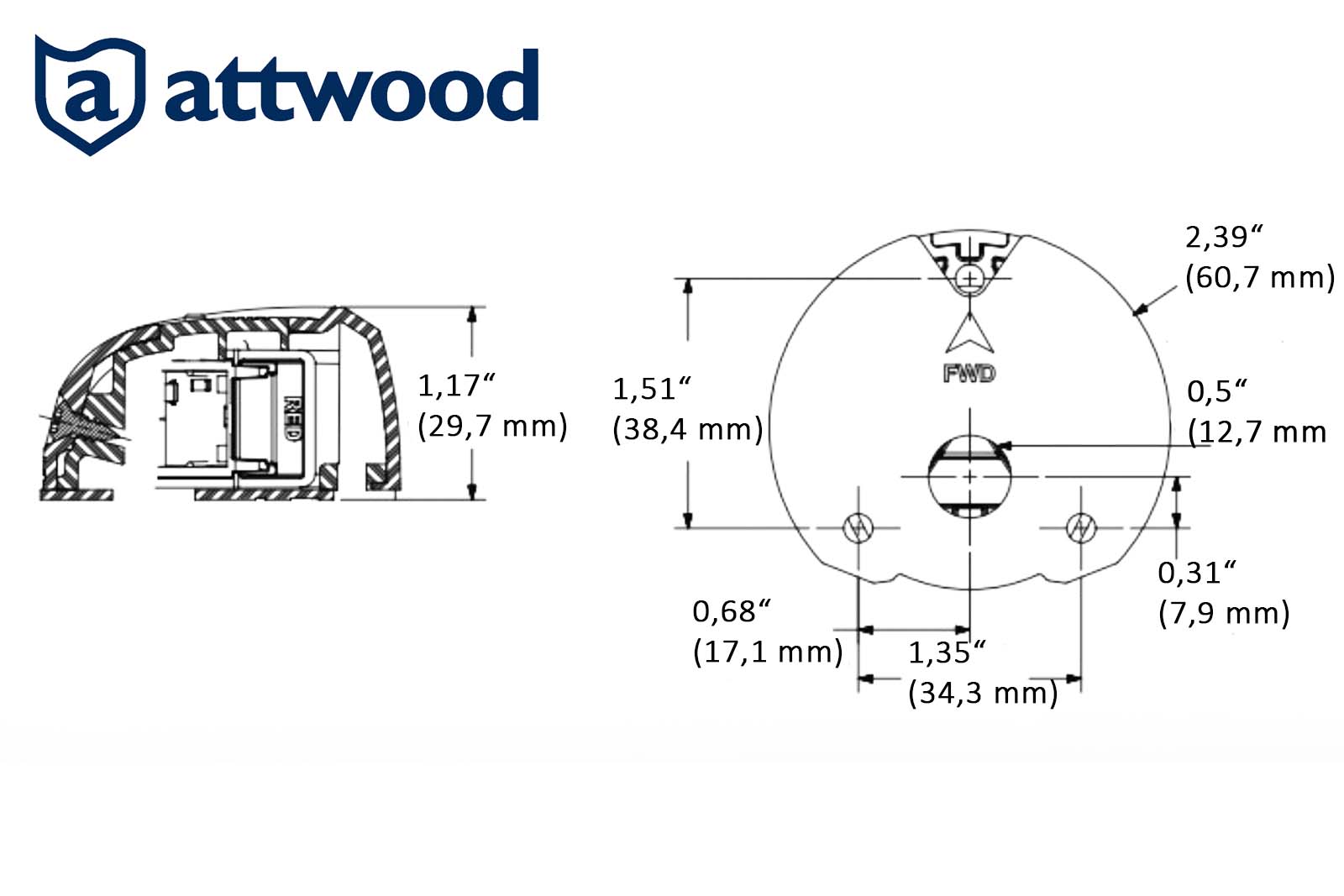 Attwood LightArmor LED-Positionslicht Aufbaumontage Dimensionszeichnung rund