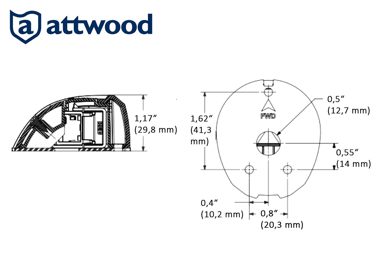 Attwood LightArmor LED-Positionslicht Aufbaumontage Dimensionszeichnung oval