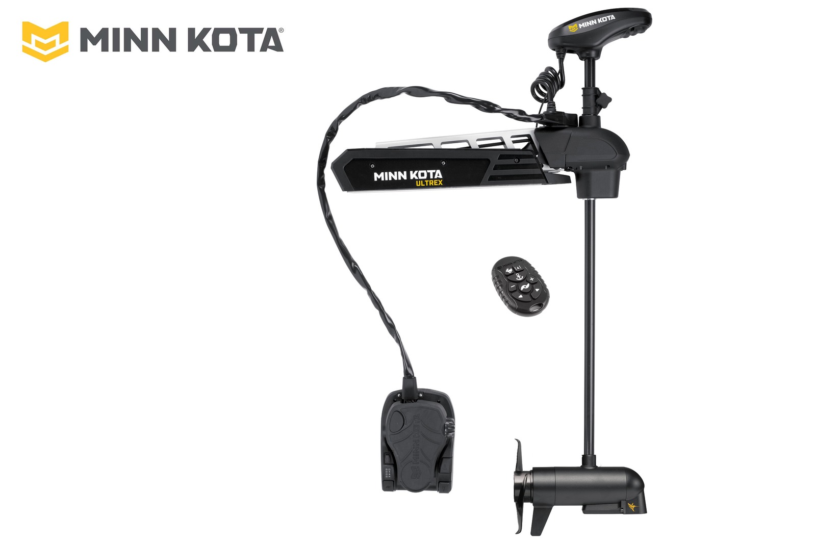 Minn Kota Ultrex 2 mit 132 cm Schaft und MDI-Geber, Seitenansicht mit Fußpedal und Micro Remote