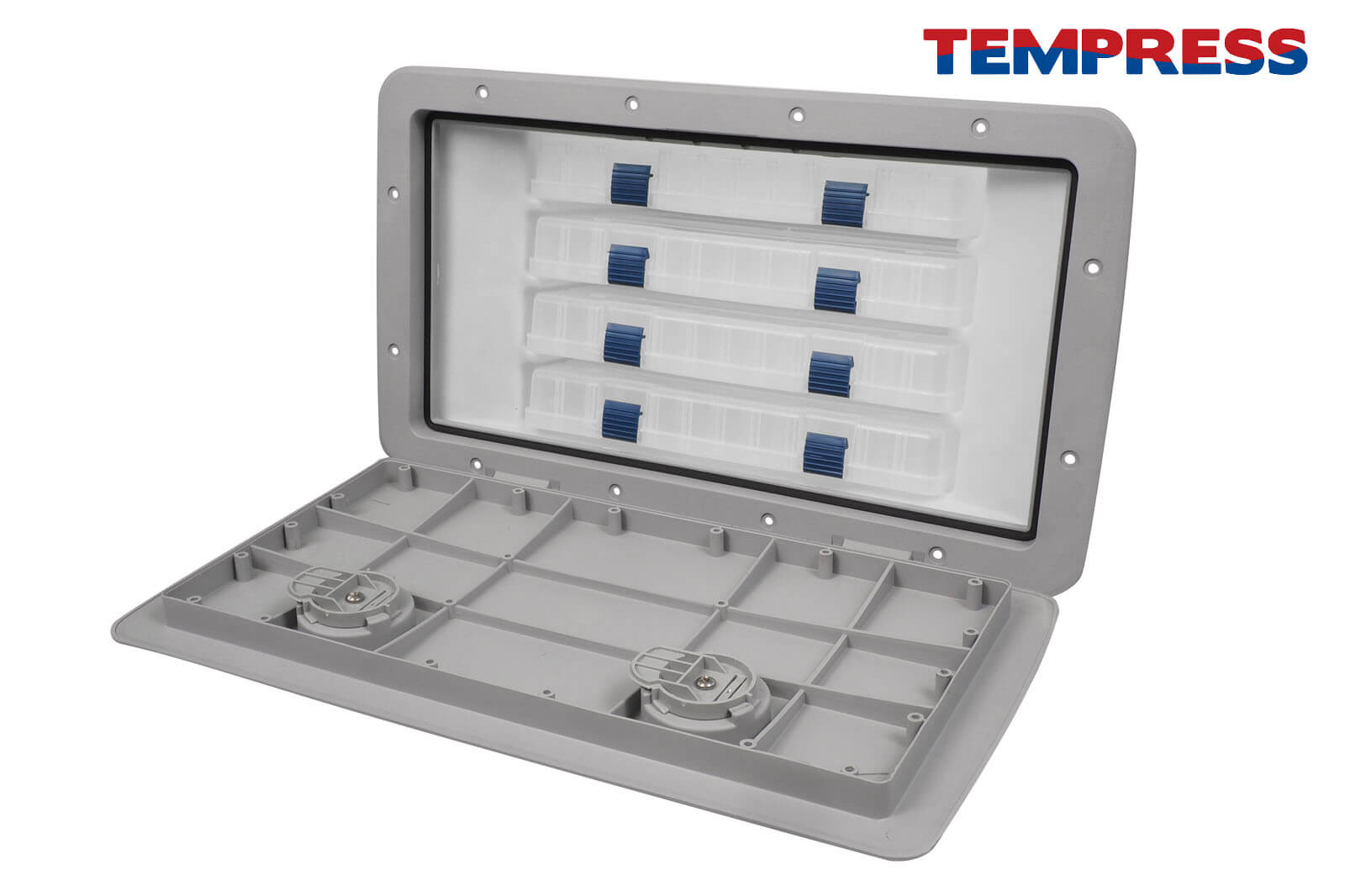 Einbaukasten mit 4 Köderboxen 44583 von Tempress in Grau offen