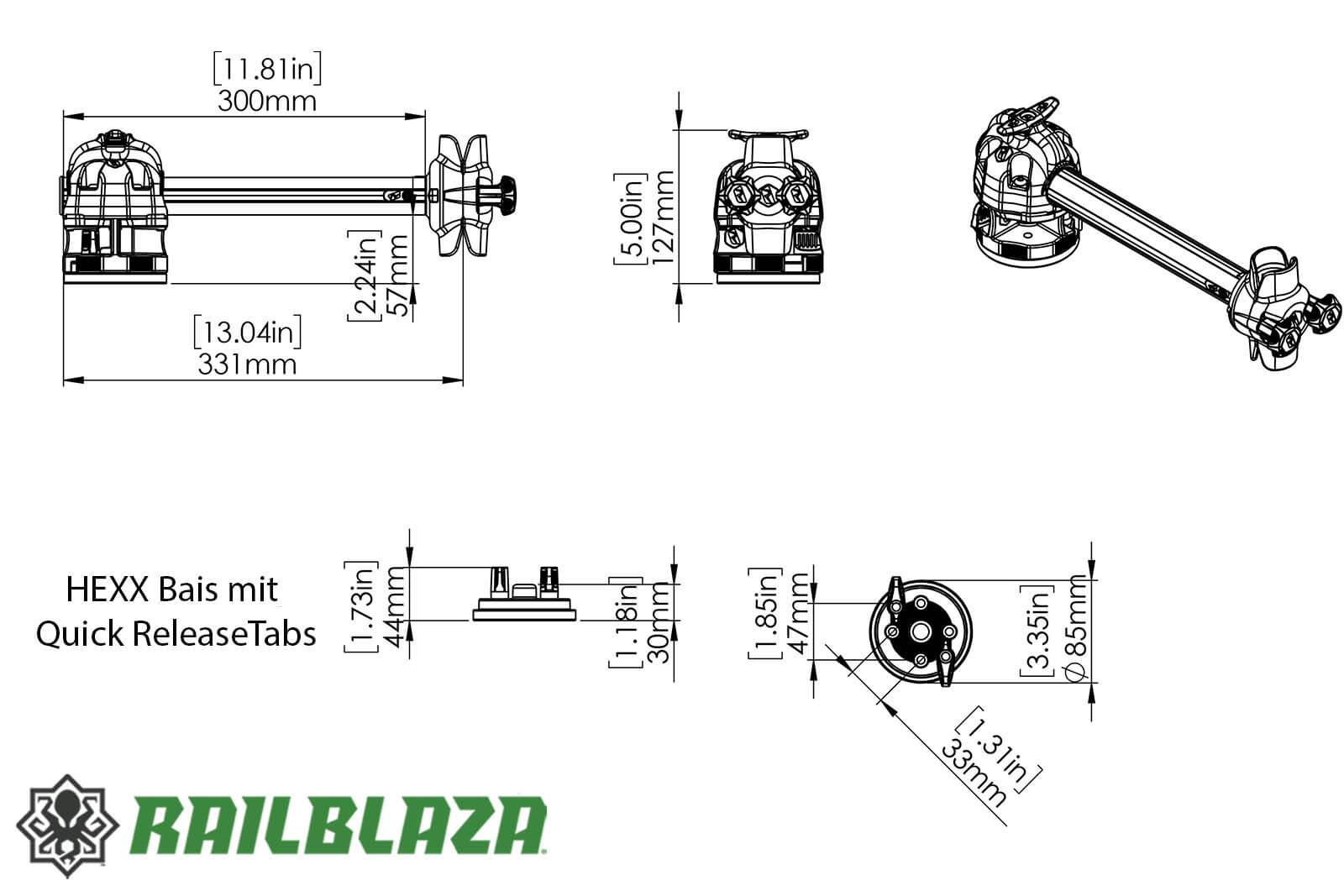 Railblaza HEXX Halterung für Humminbird MEGA 360 Geber Dimensionszeichnung