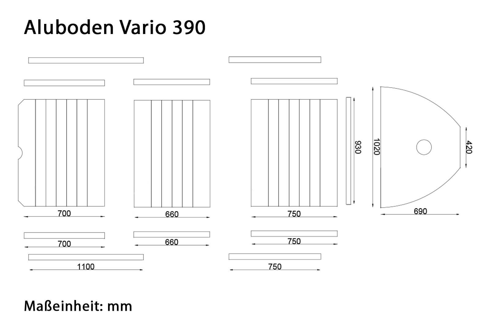 Allroundmarin Aluboden für Vario 390 Dimensionszeichnung