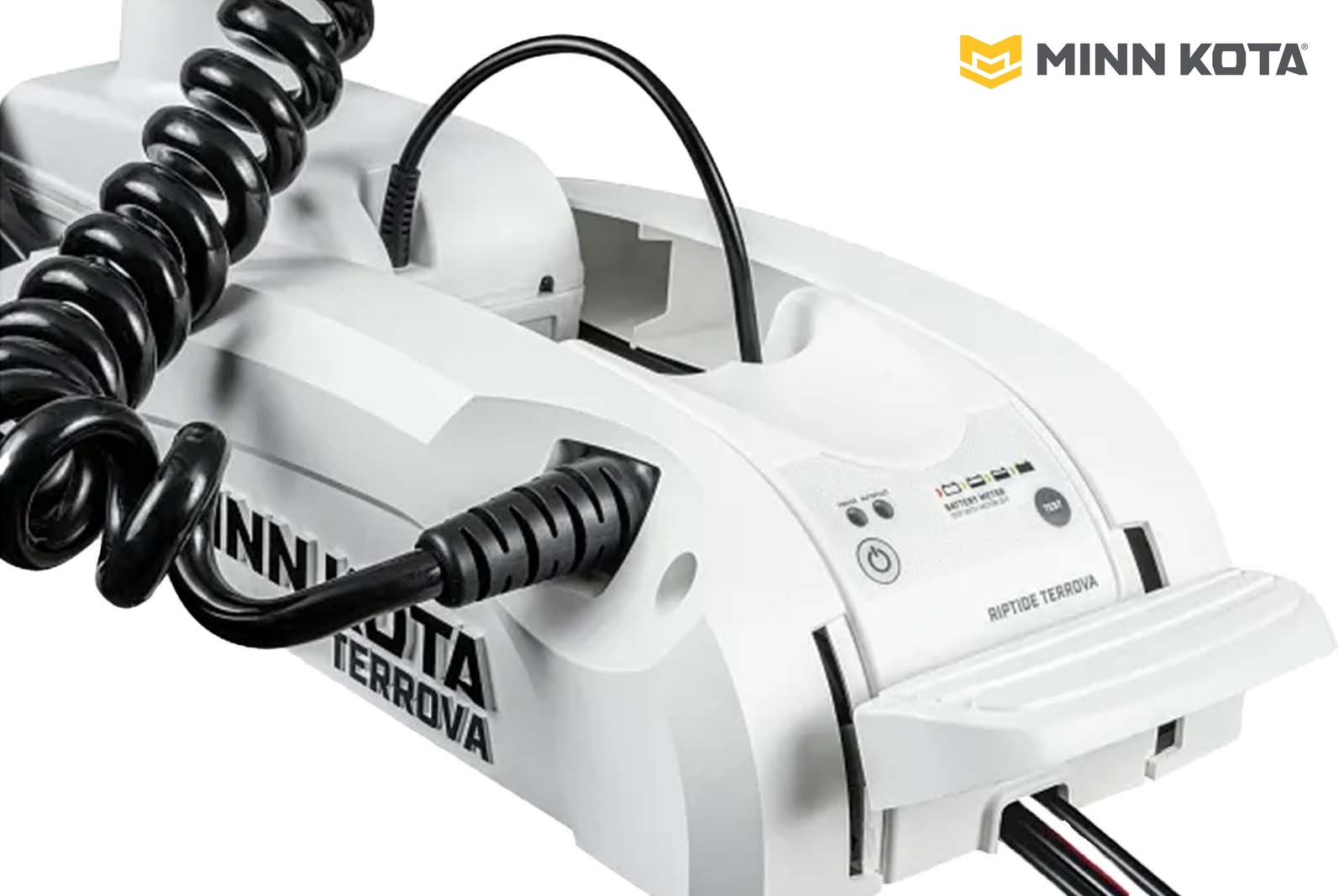 Minn Kota Riptide Kayak Terrova 2 in Weiß, Batterieanzeige an der Halterung