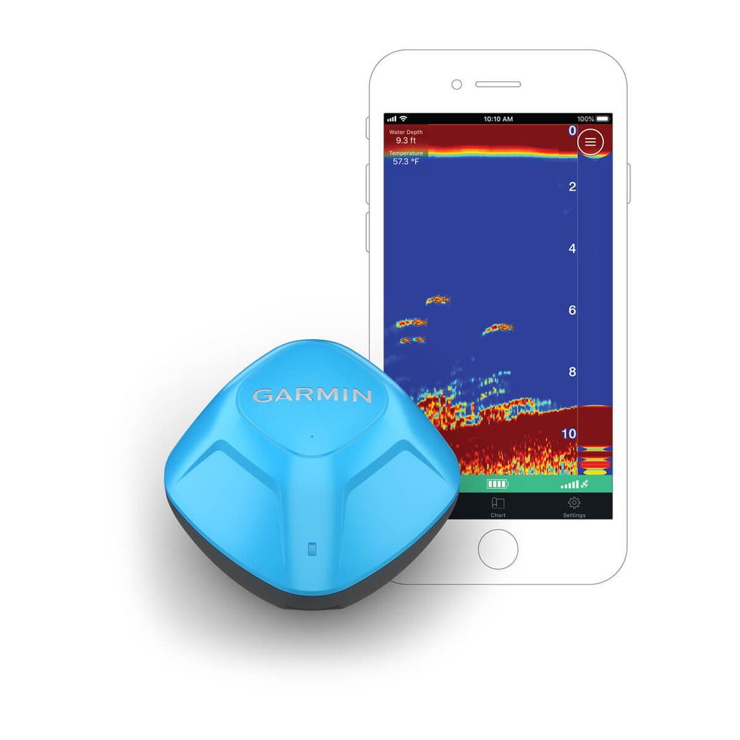 Garmin STRIKER Cast mit GPS (blau) mit Echolotbild in der STRIKER Cast App