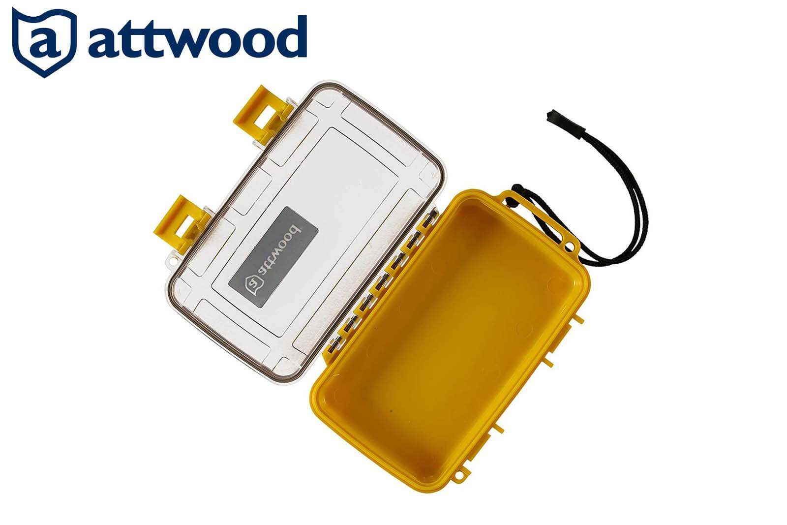 Gelbe Attwood Dry Case Aufbewahrungsbox geöffnet mit Lanyard