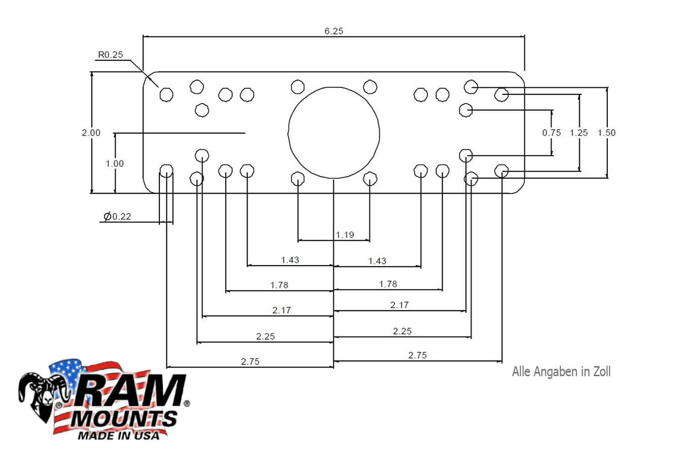 RAM Mounts Echolothalterung RAM-MB-35 Zeichnung Lochabstand in Zoll