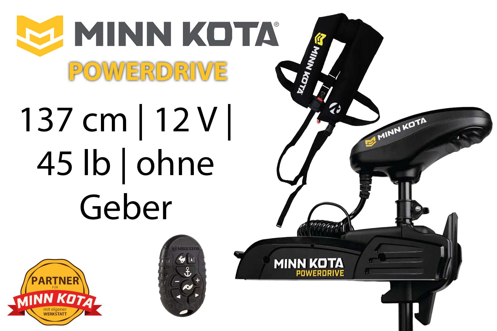 Minn Kota PowerDrive Elektro-Bootsmotor,137 cm, 12 V (45 lb) ohne Geber mit gratis Rettungsweste