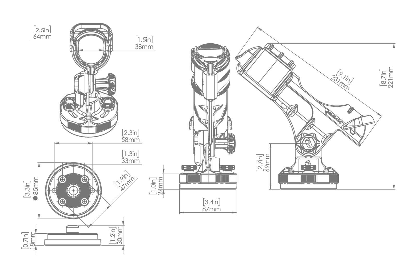Railblaza HEXX Rod Holder Rutenhalter Skizze mit Abmessungen