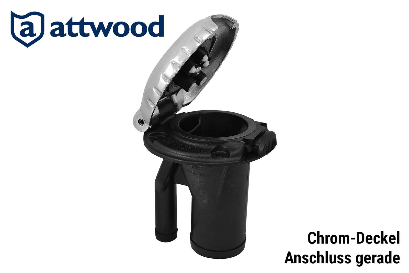 Seitenansicht Attwood-Einfüllstutzen für Tanks mit Aktivkohlefilter: Gerader Anschluss mit Chrom-Deckel