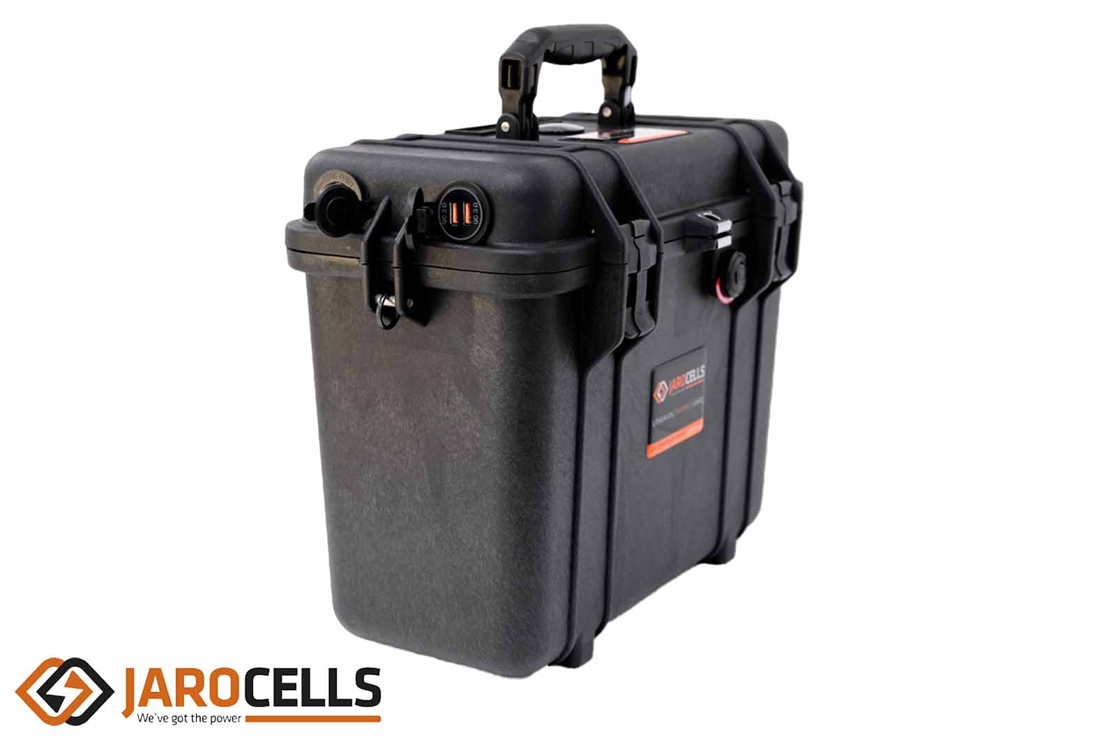 Jarocells Tragbare BTP 60.12 + 36 Lithium Ionen Batterie Seitenansicht Anschlüsse offen