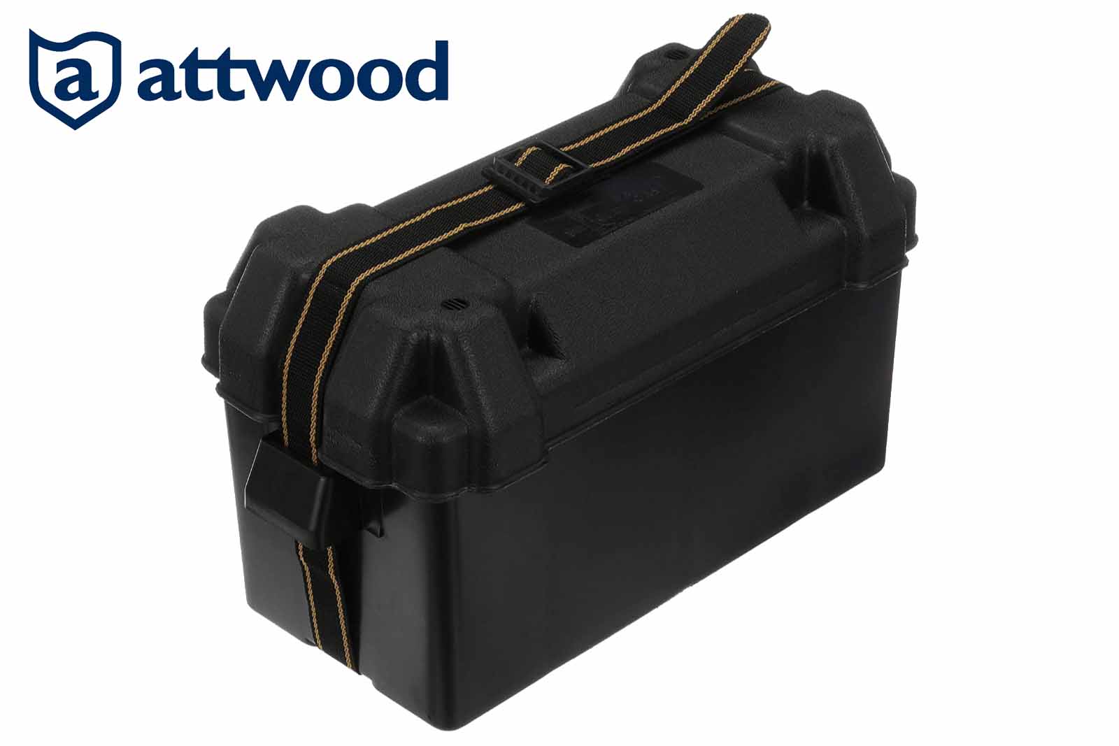 Attwood PowerGuard Batteriekasten 29/31 mit Gurtband – aus der Vogelperspektive die linke Seite betrachtet