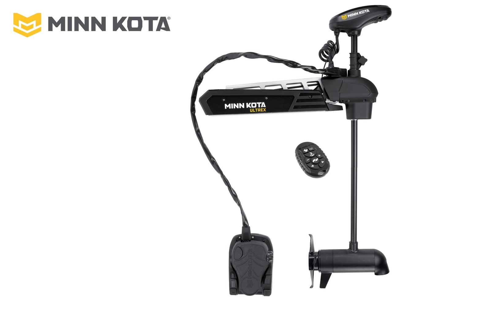 Minn Kota Ultrex 2 mit 114 cm Schaft und DSC-Geber, Seitenansicht mit Fußpedal und Micro Remote