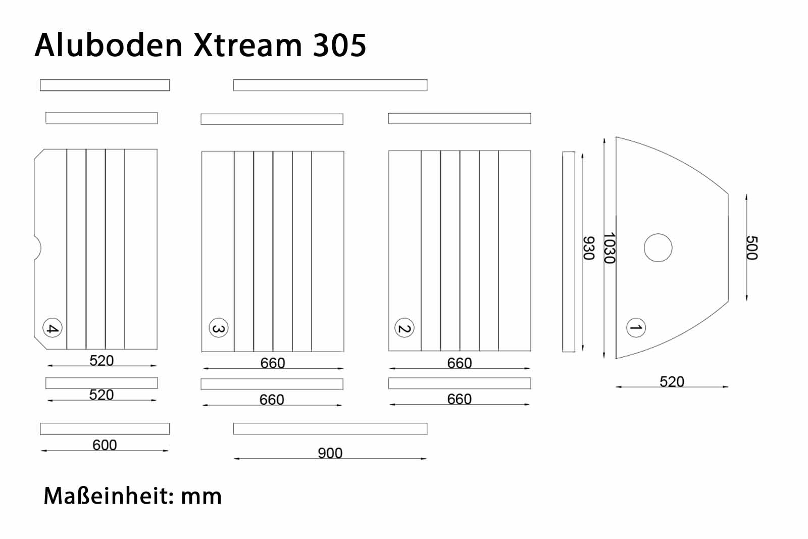 Allroundmarin Xtream Schlauchboot 305 mit Aluboden Dimensionszeichnung Schlauchbootboden