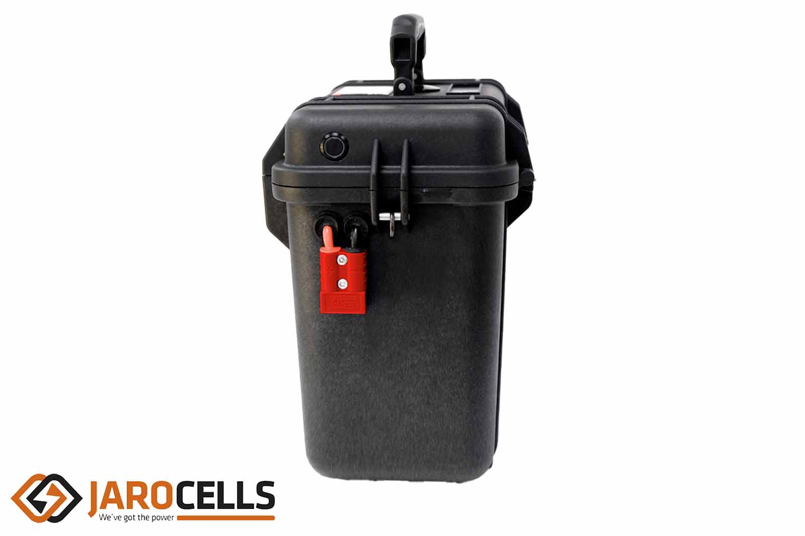Jarocells Tragbare BTP 60.12 + 36 Lithium Ionen Batterie Seitenansicht mit Anschluss