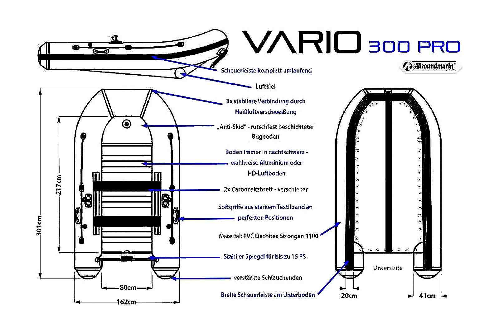 Allroundmarin Vario 300 PRO Schlauchboot Dimensionszeichnung