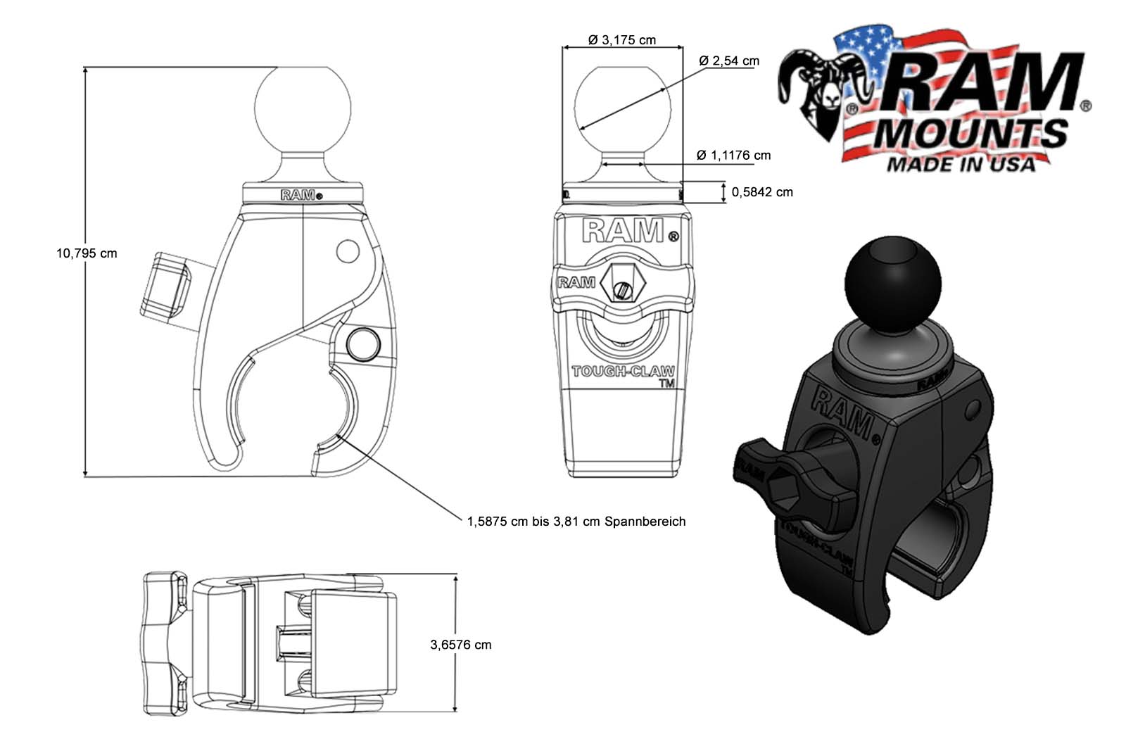 RAM Mounts RAP-B-400U Tough-Claw Halteklammer Dimensionszeichnung