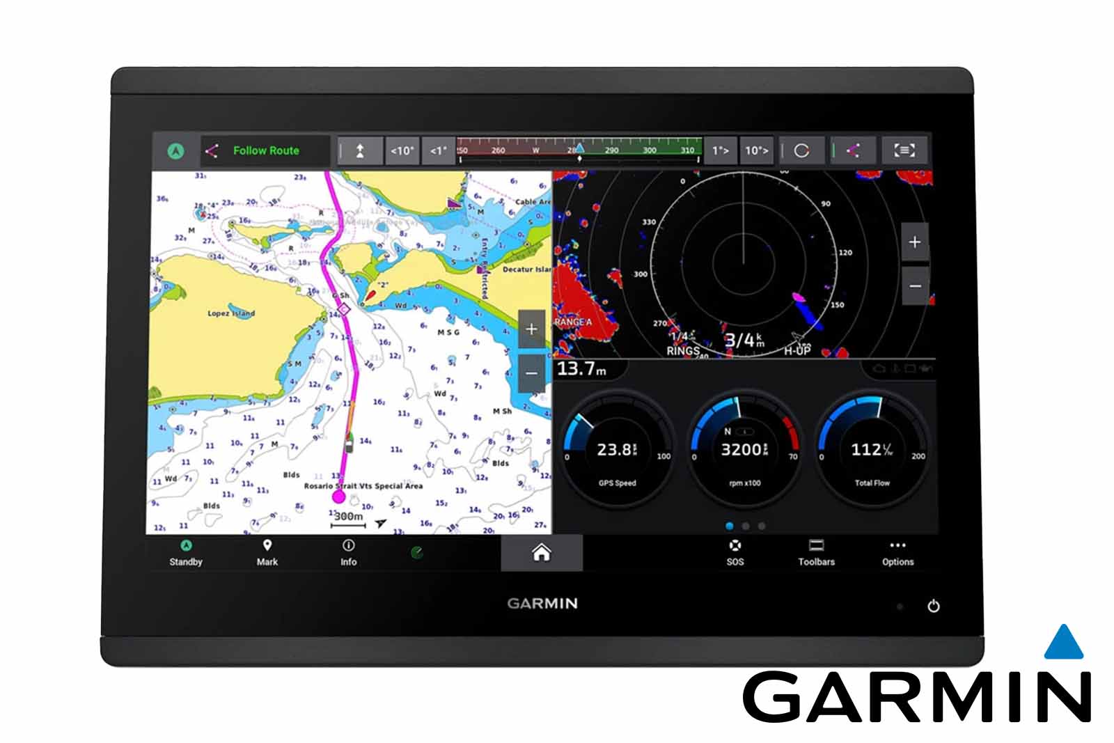 Garmin GPSMAP 1623 Kartenplotter ohne Sonar Splitscreen Seekarte, Radar und Motordaten Frontansicht