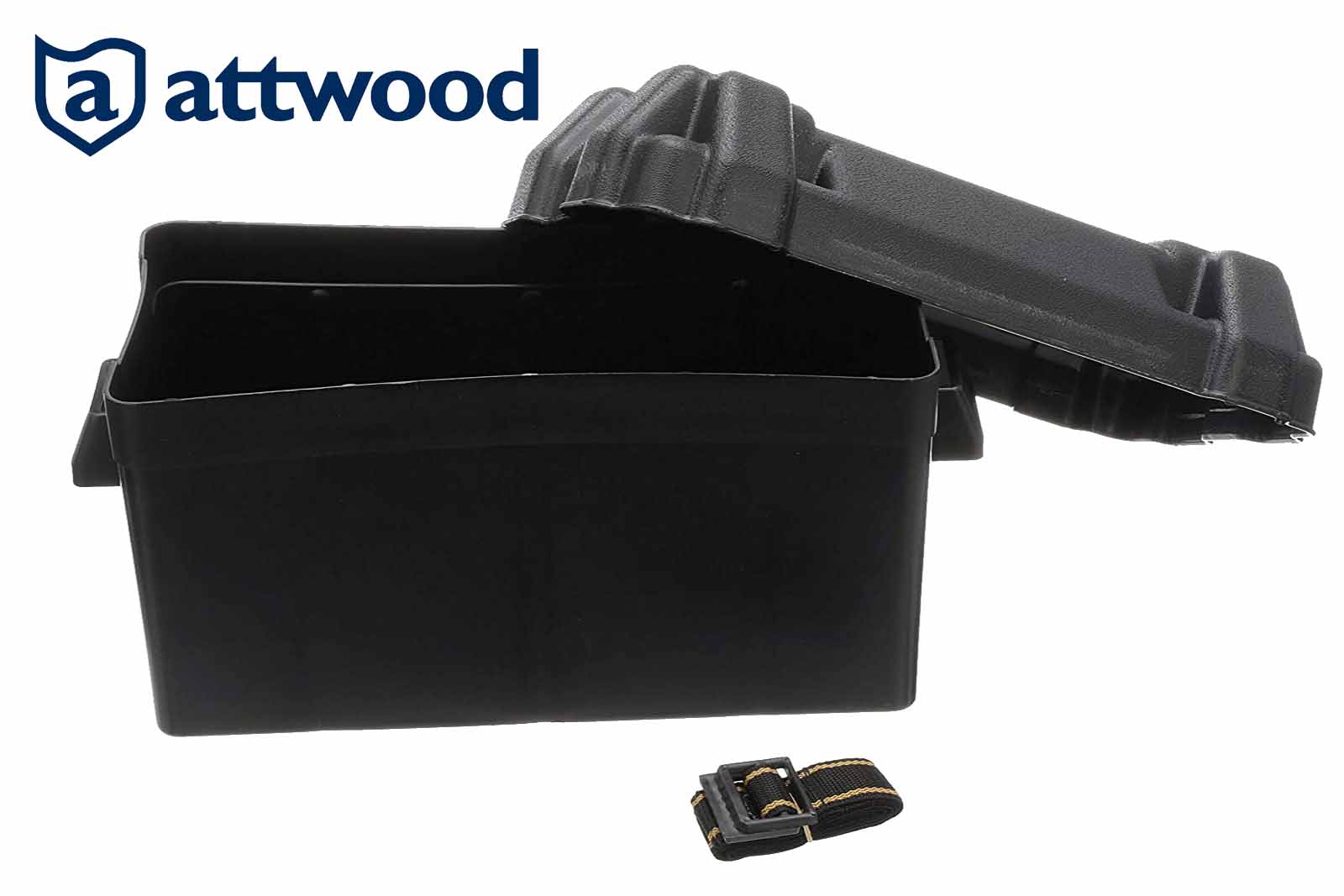 Attwood PowerGuard Batteriekasten 29/31 mit Gurtband – Der Deckel ist geöffnet und der Gurt gerollt beiseite gelegt