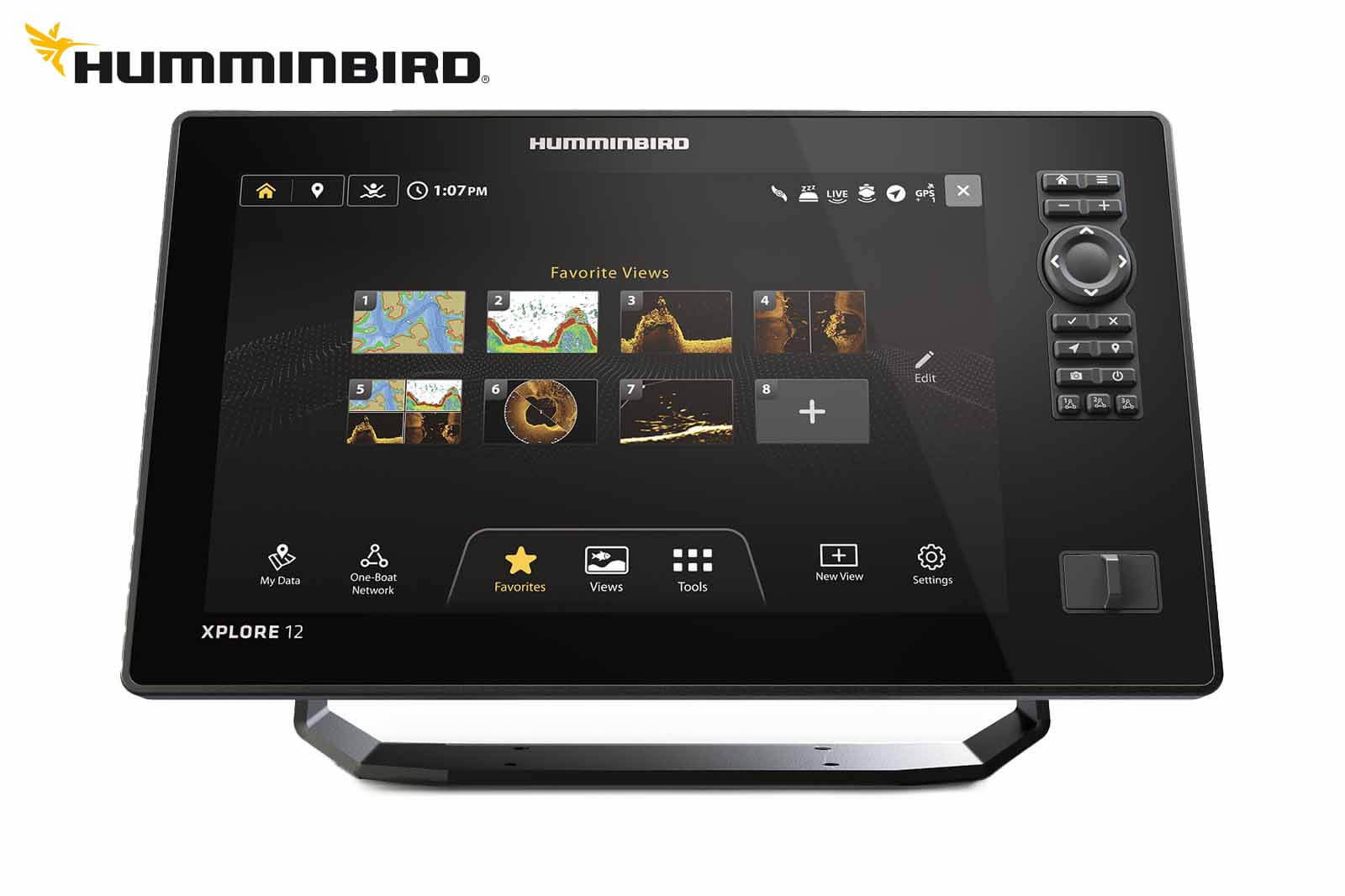 Humminbird XPLORE 12 Echolot Frontansicht mit Home-Bildschirm
