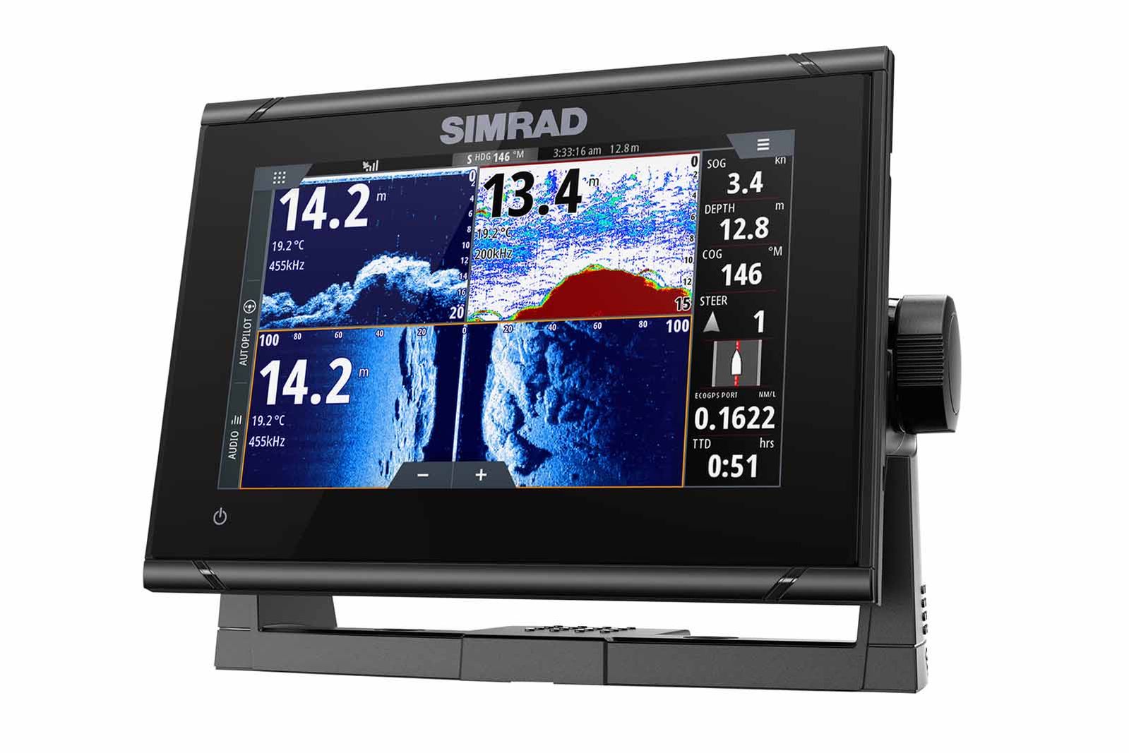 Simrad GO7 XSR Echolot mit Bügelhalterung Ansicht links