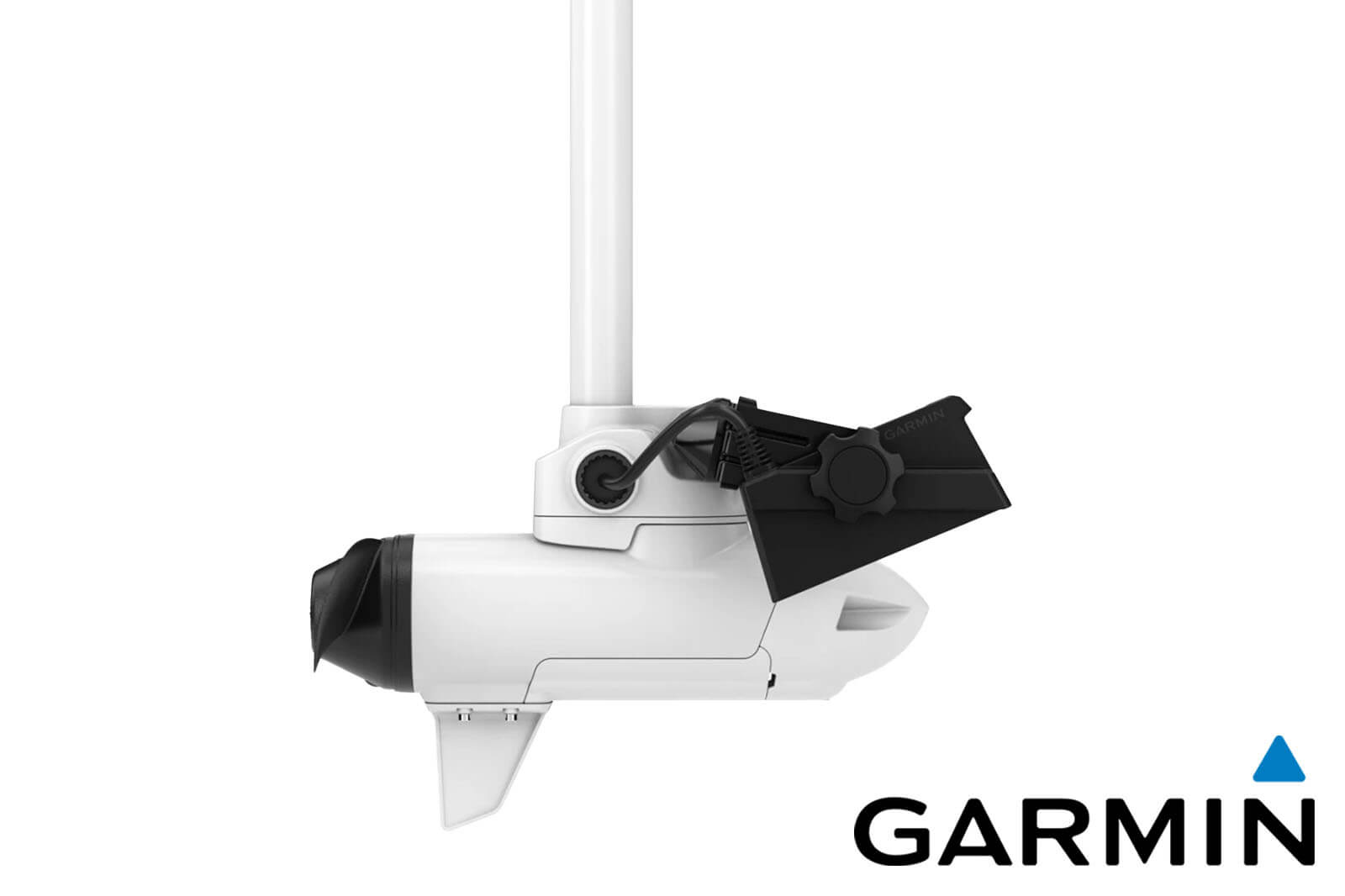 Garmin Force Kraken Elektro-Bootsmotor weiß mit angeschlossenem LiveScope-Geber