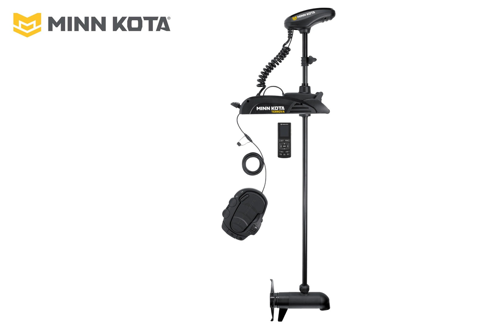 Minn Kota Terrova 2 mit 114 cm Schaft und DSC-Geber, Seitenansicht mit Fußpedal und Wireless Remote