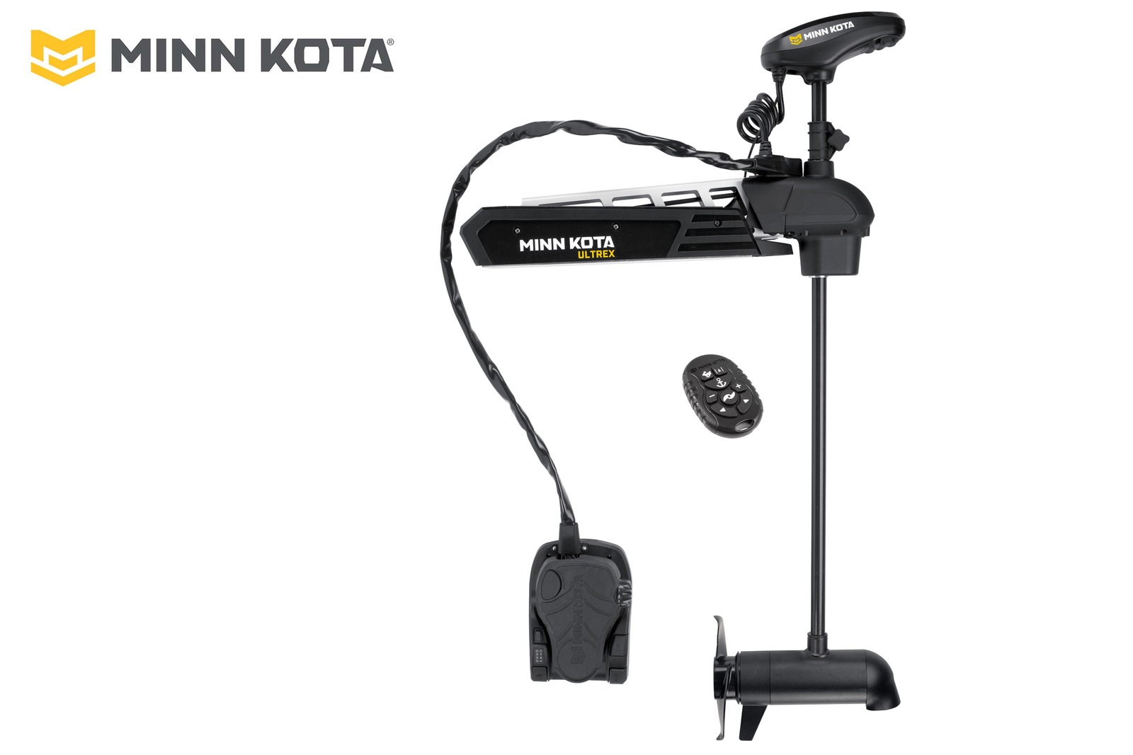 Minn Kota Ultrex 2 mit 132 cm Schaft und DSC-Geber, Seitenansicht mit Fußpedal und Micro Remote