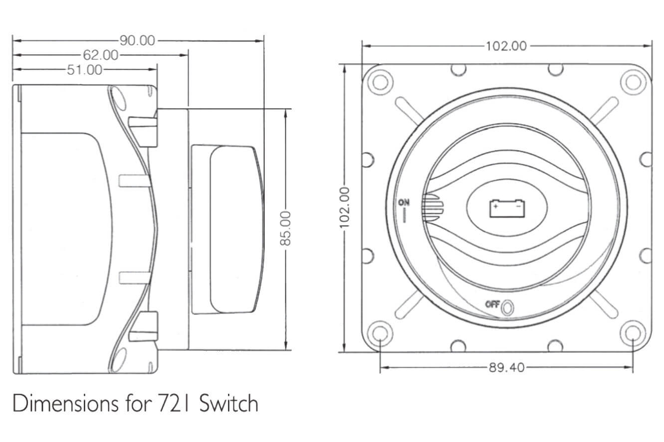 BEP Marine 2-Batterie-Auswahlschalter, 350 Amper Dimensionszeichnung