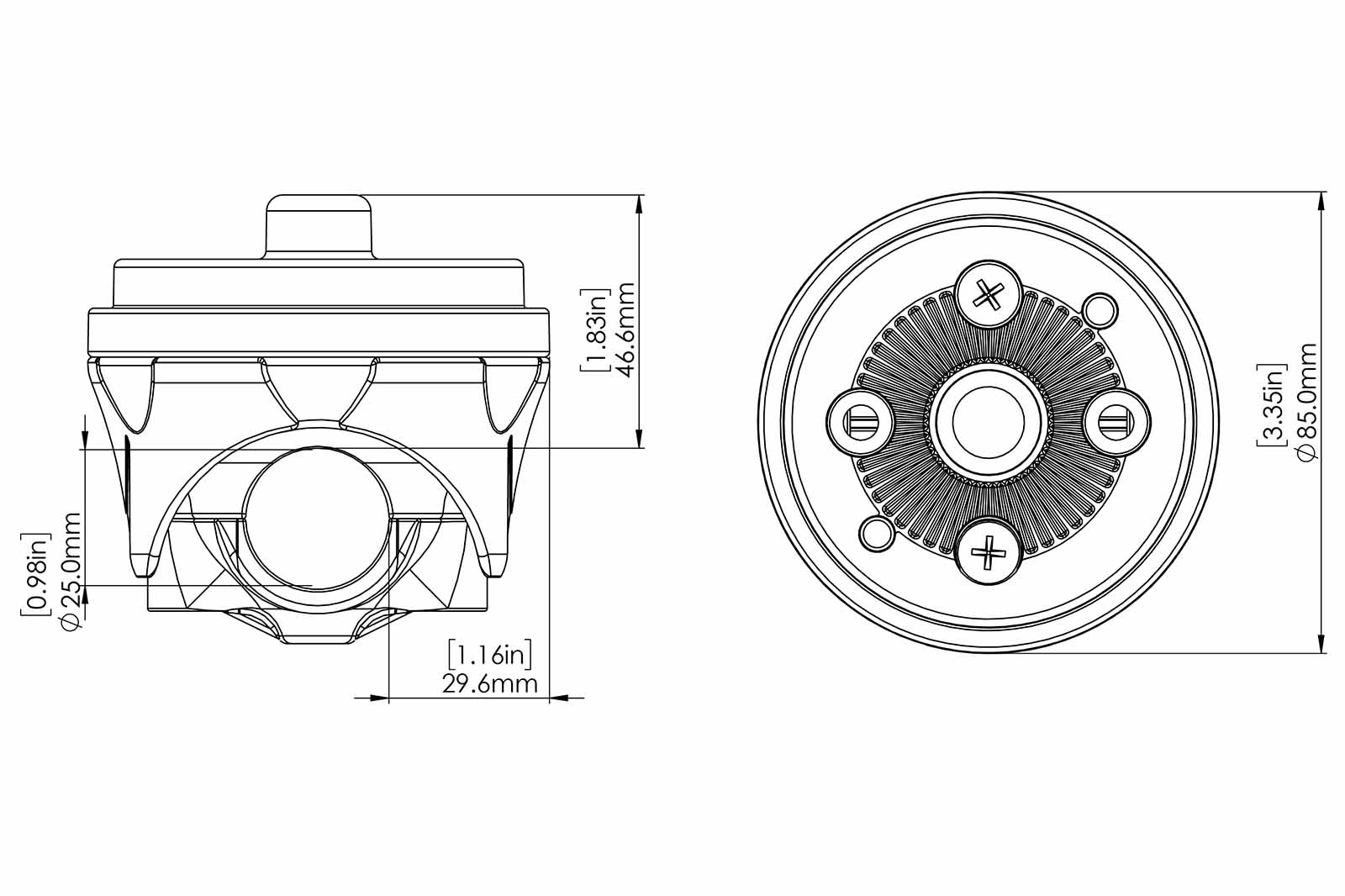 Railblaza HEXX Relinghalterung für 25 mm Durchmesser Zeichnung der Produktmaße