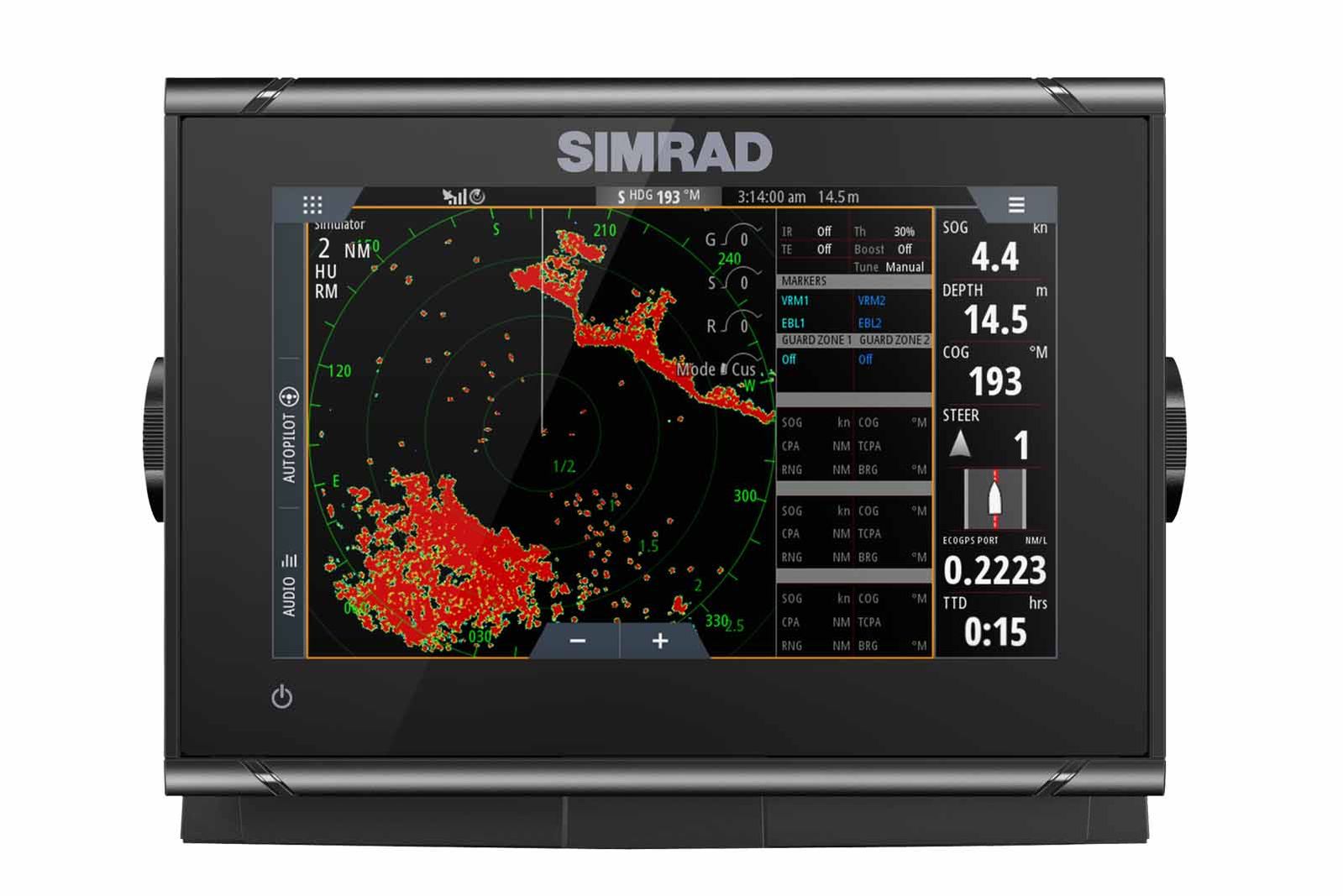 Simrad GO7 XSR Echolot mit Bügelhalterung Frontansicht Radar