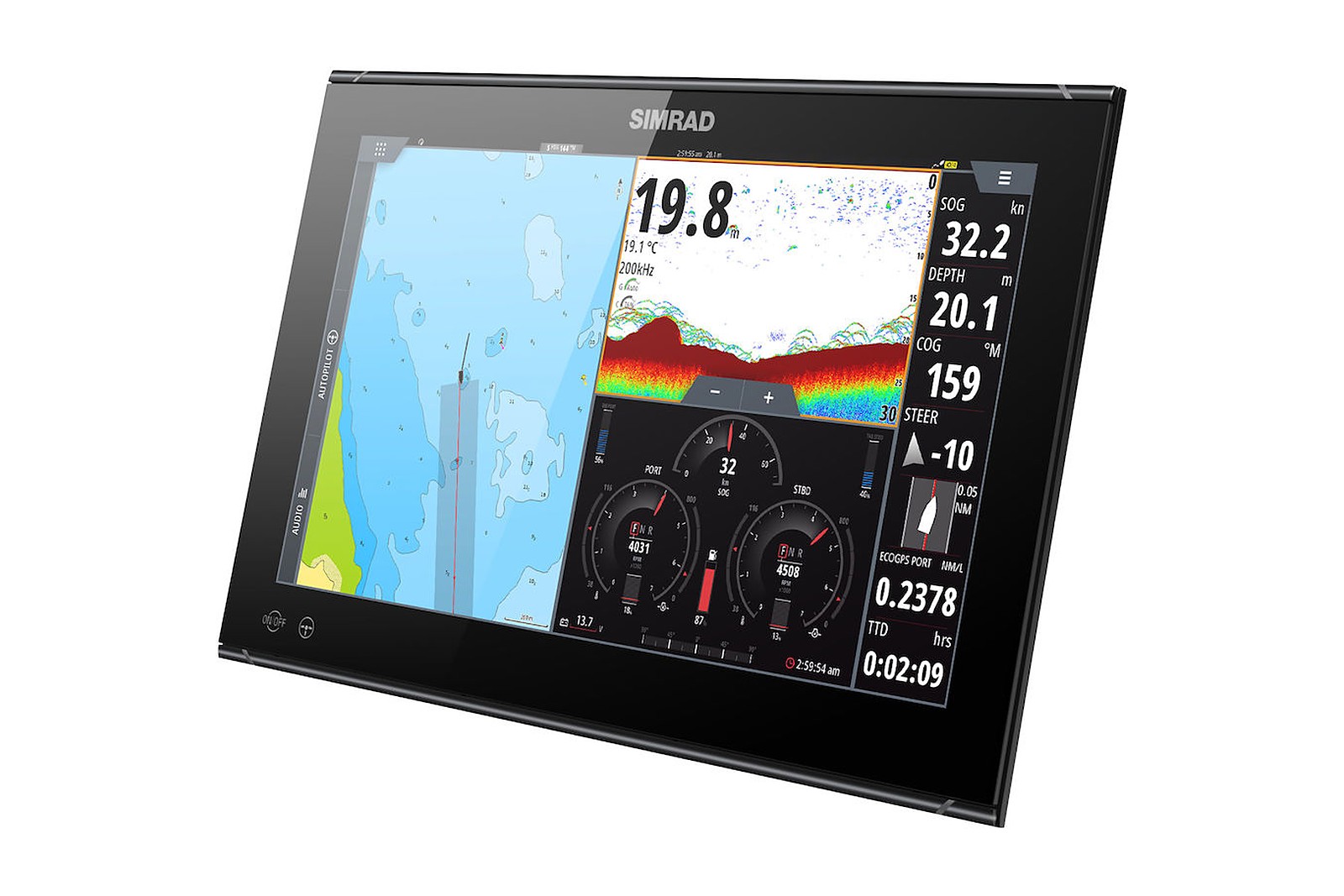 Simrad NSO evo3S 16 Zoll Kartenplotter, geteilter Bildschirm mit Karte und Echolot